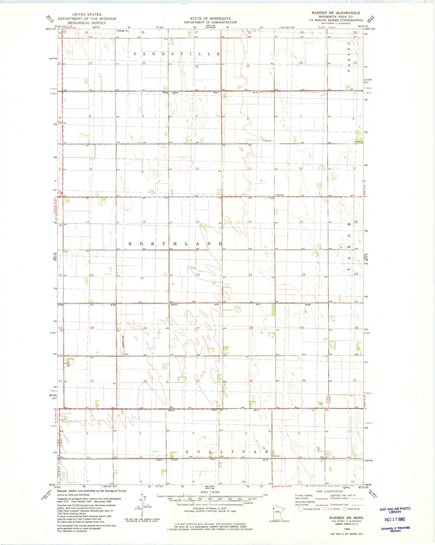 Classic USGS Warren SW Minnesota 7.5'x7.5' Topo Map Image