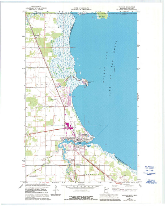 Classic USGS Warroad Minnesota 7.5'x7.5' Topo Map Image