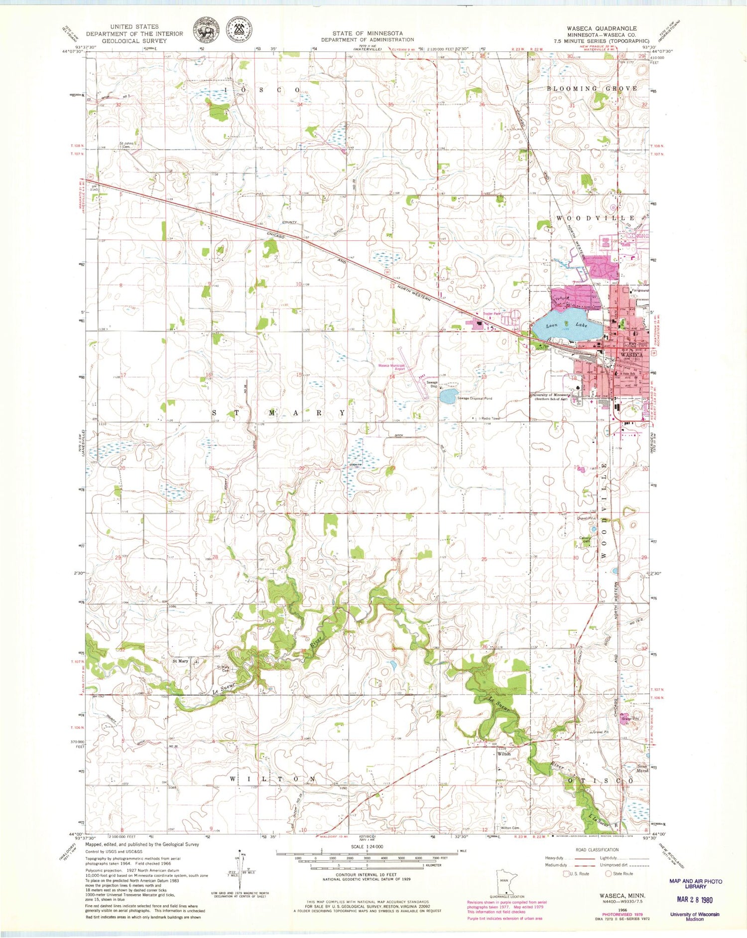 Classic USGS Waseca Minnesota 7.5'x7.5' Topo Map Image