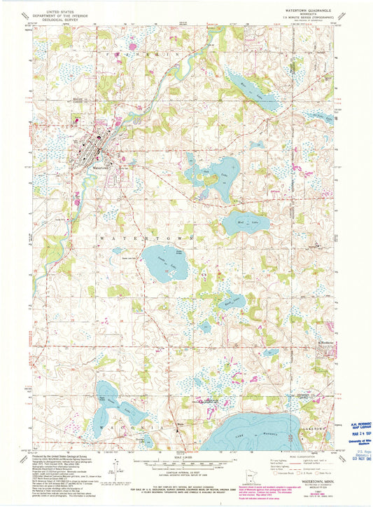 Classic USGS Watertown Minnesota 7.5'x7.5' Topo Map Image