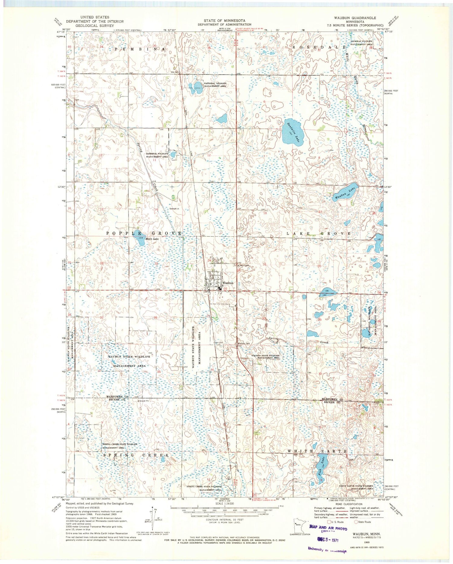 Classic USGS Waubun Minnesota 7.5'x7.5' Topo Map Image