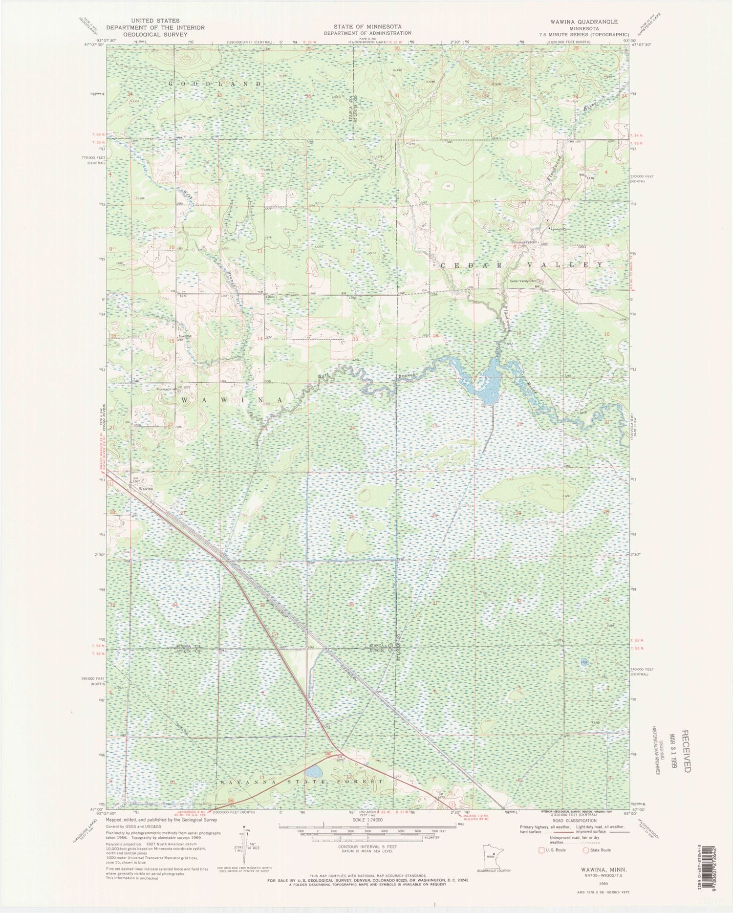 Classic USGS Wawina Minnesota 7.5'x7.5' Topo Map Image