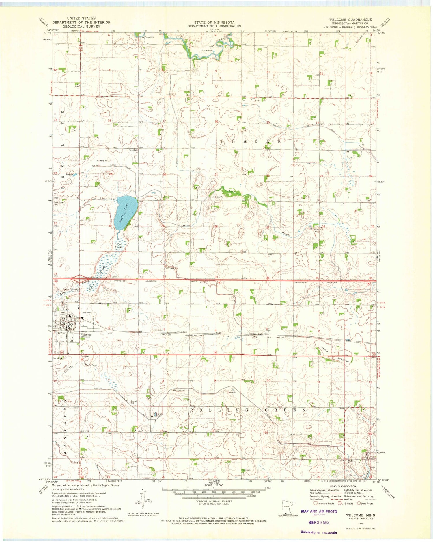 Classic USGS Welcome Minnesota 7.5'x7.5' Topo Map Image