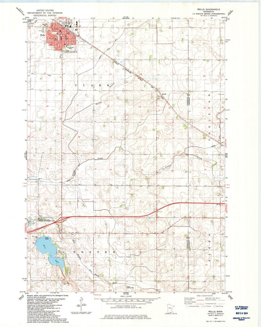 Classic USGS Wells Minnesota 7.5'x7.5' Topo Map Image