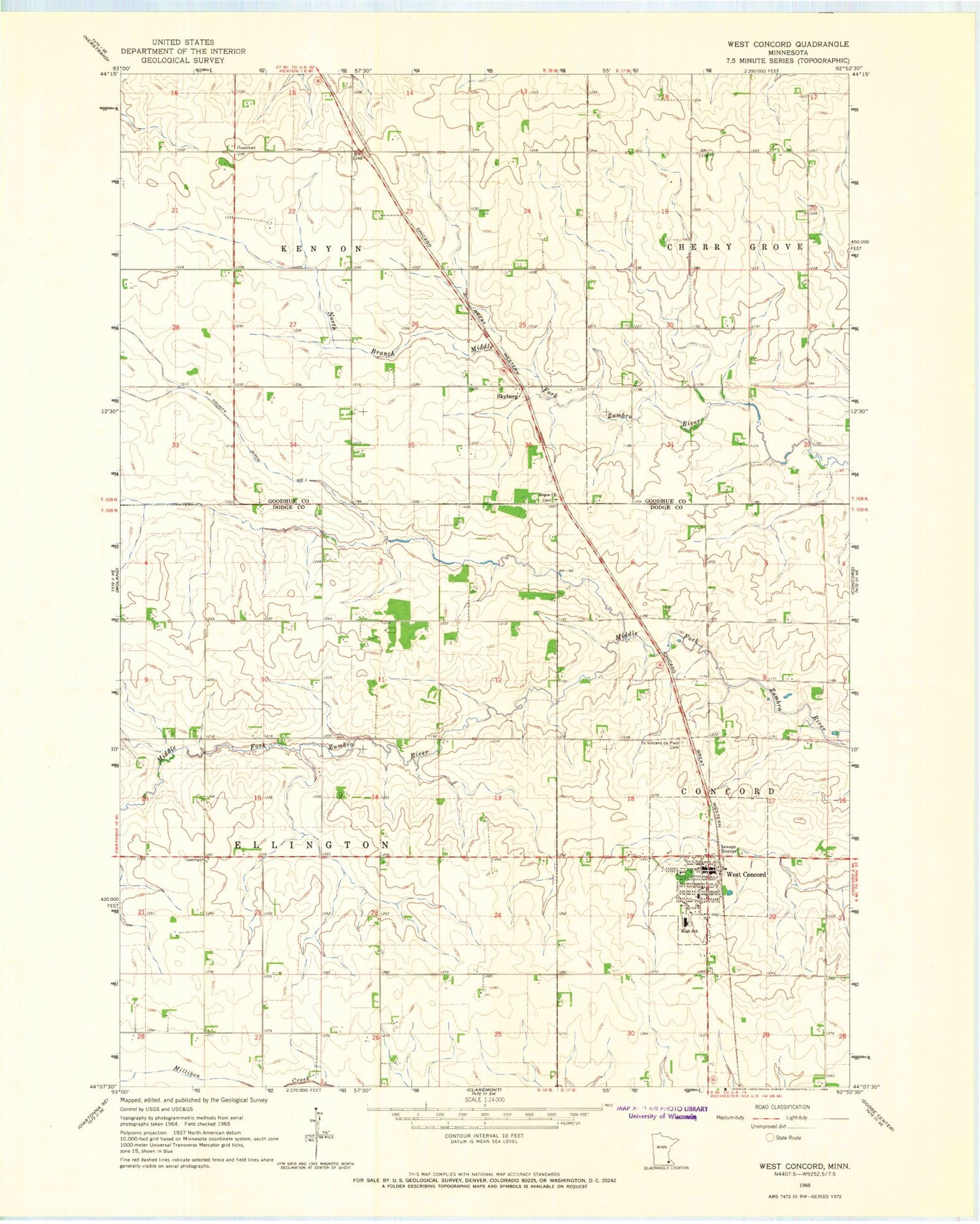Classic USGS West Concord Minnesota 7.5'x7.5' Topo Map Image