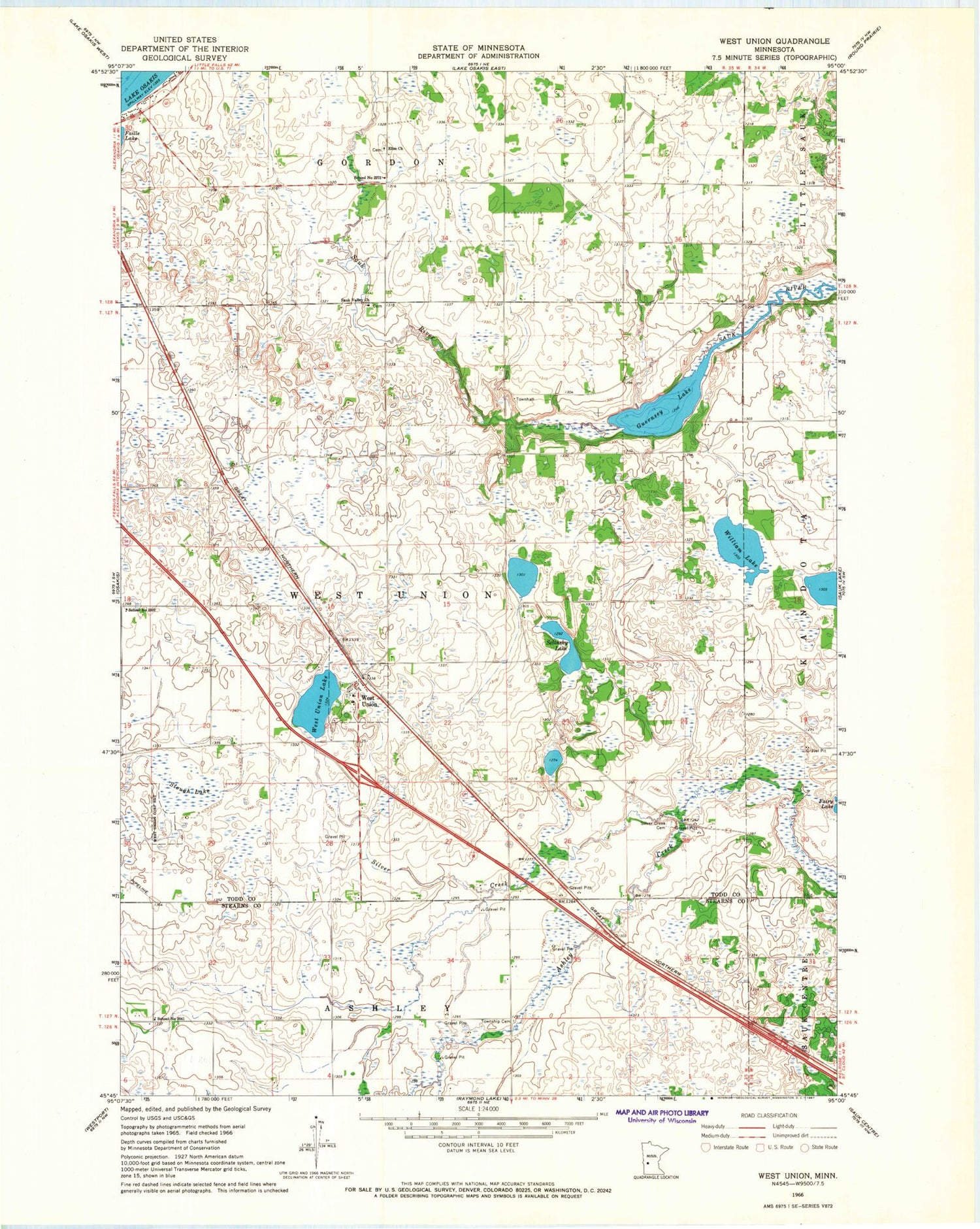 Classic USGS West Union Minnesota 7.5'x7.5' Topo Map Image