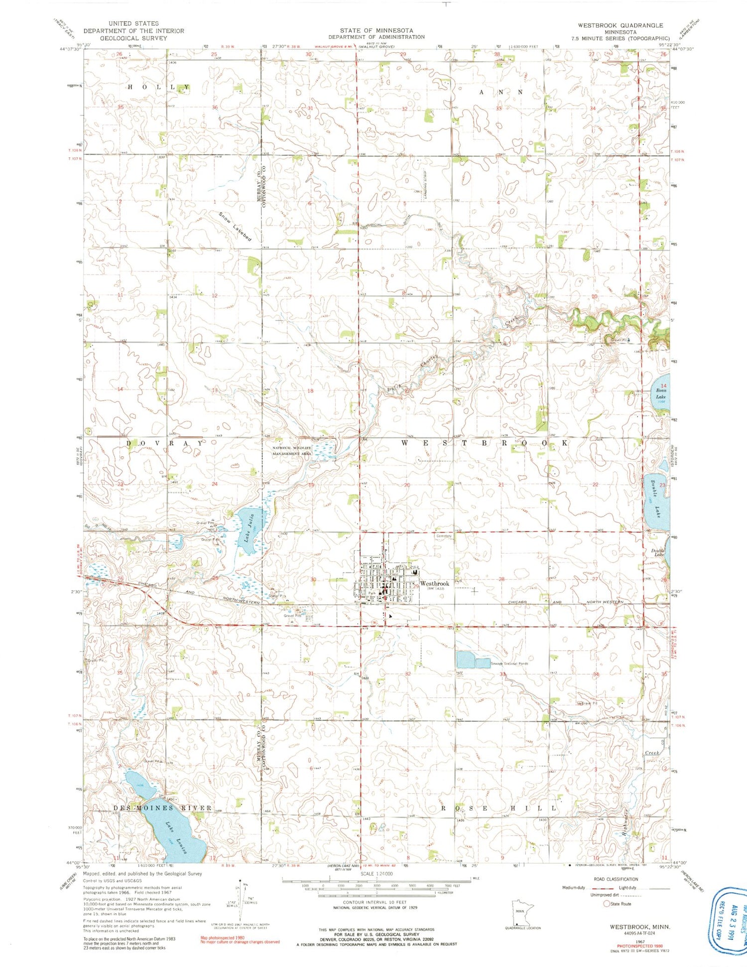 Classic USGS Westbrook Minnesota 7.5'x7.5' Topo Map Image