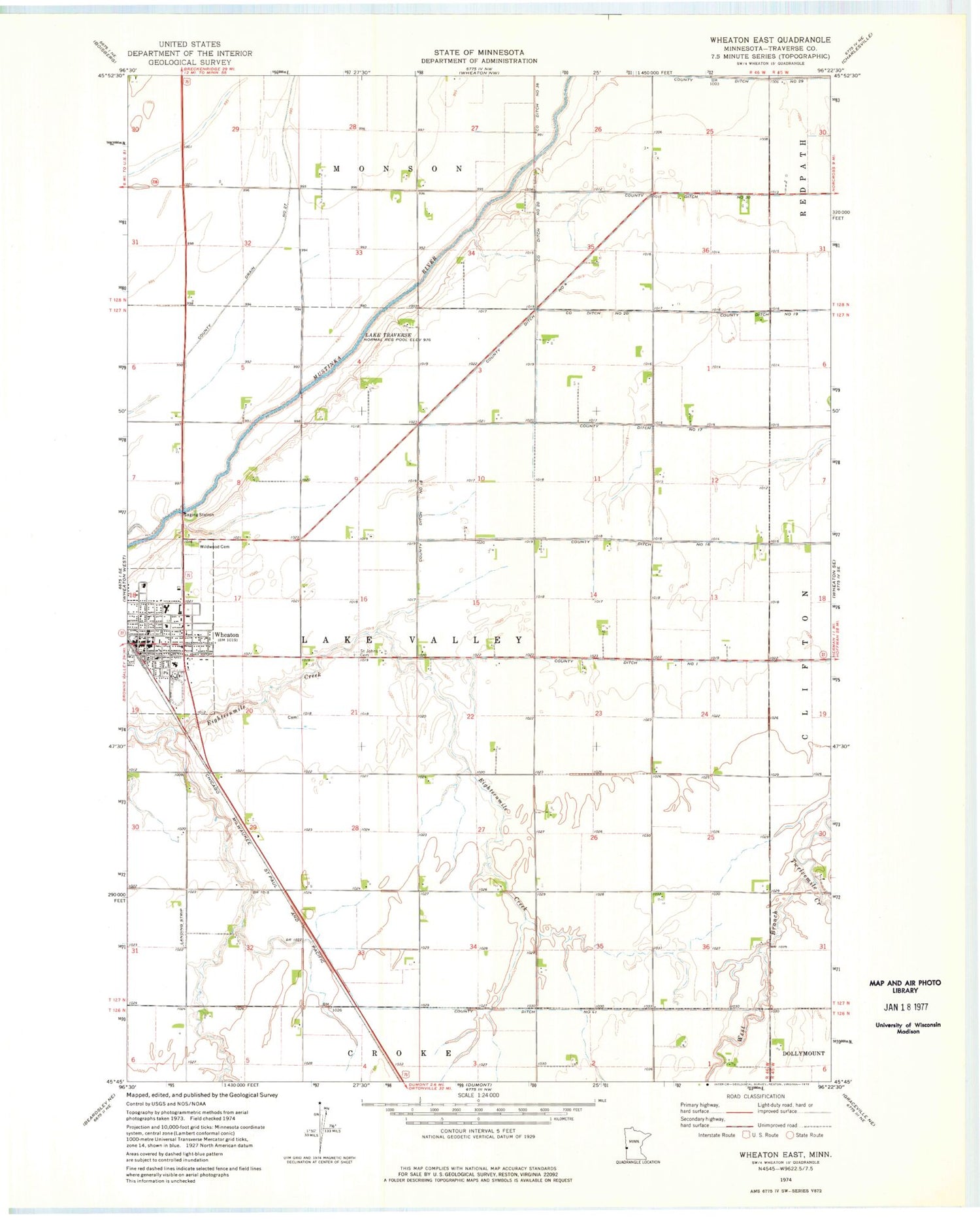 Classic USGS Wheaton East Minnesota 7.5'x7.5' Topo Map Image