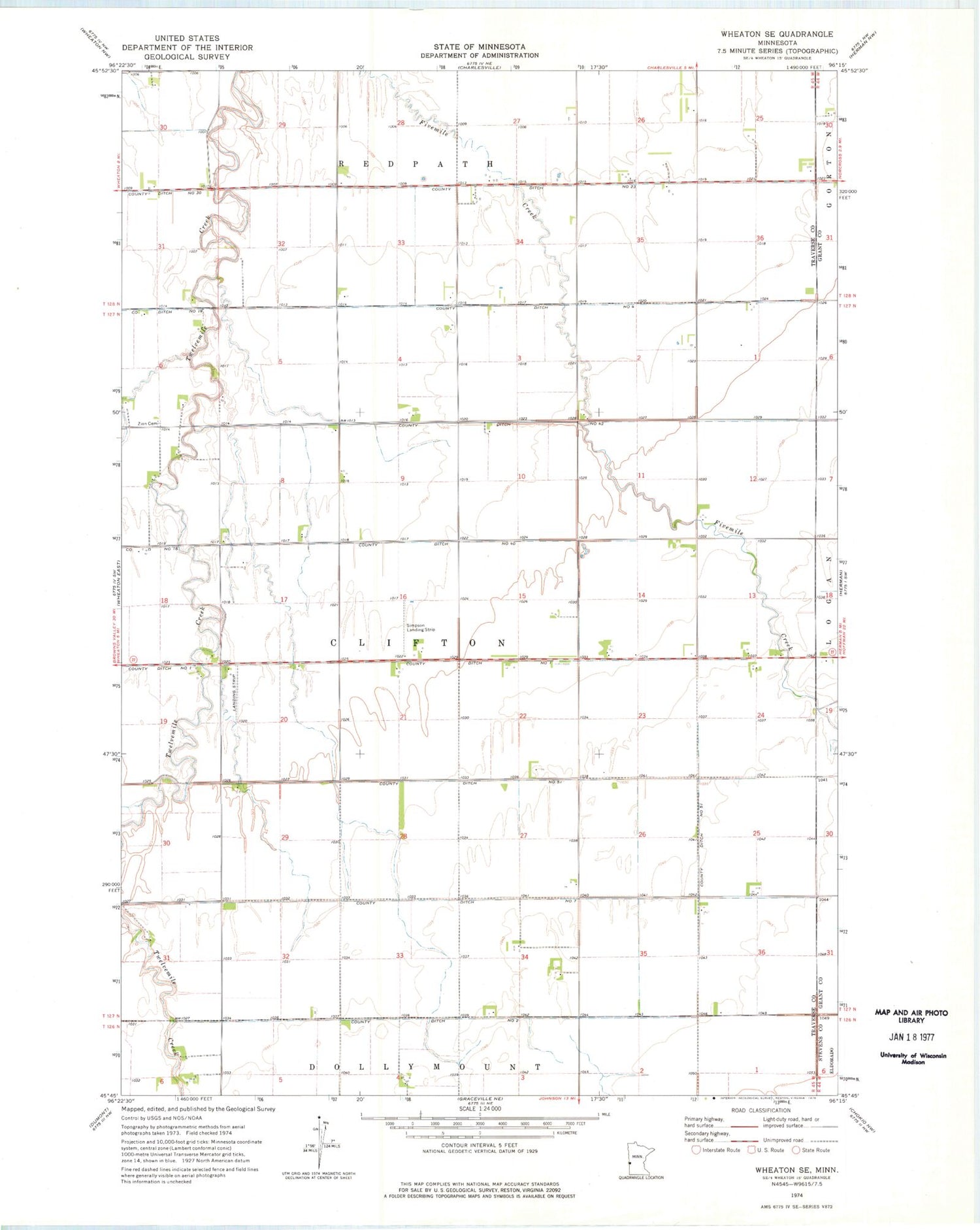 Classic USGS Wheaton SE Minnesota 7.5'x7.5' Topo Map Image
