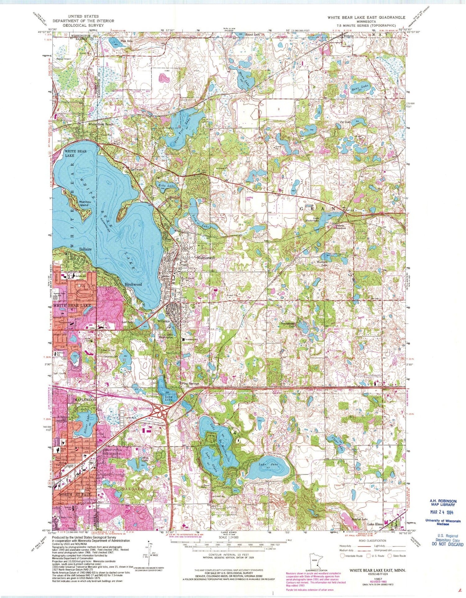 Classic USGS White Bear Lake East Minnesota 7.5'x7.5' Topo Map Image