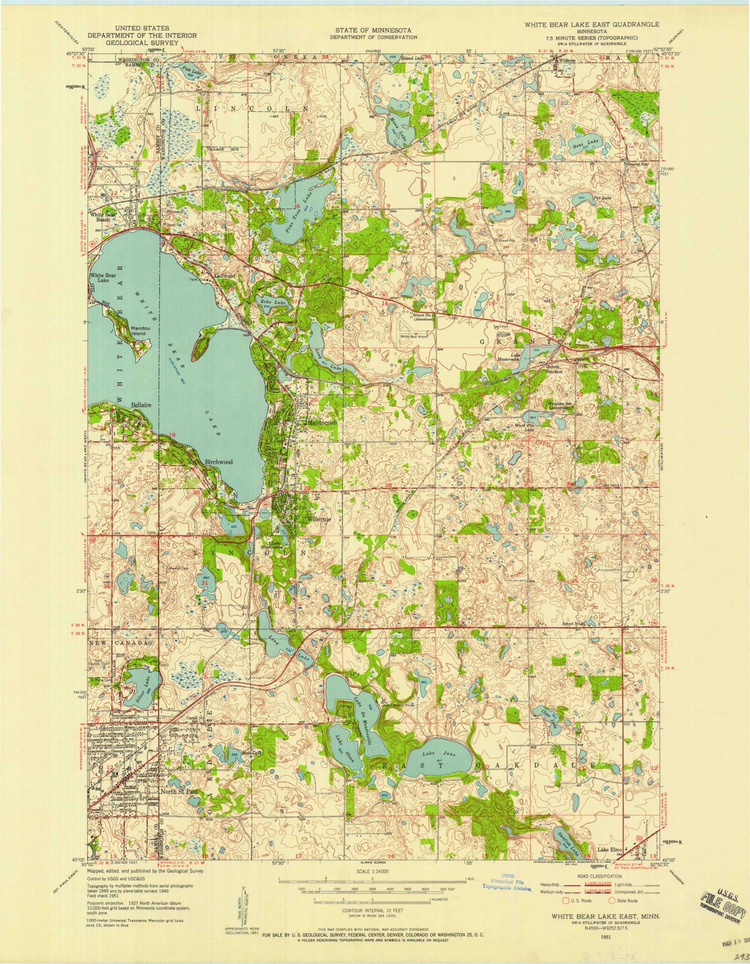 Classic USGS White Bear Lake East Minnesota 7.5'x7.5' Topo Map Image