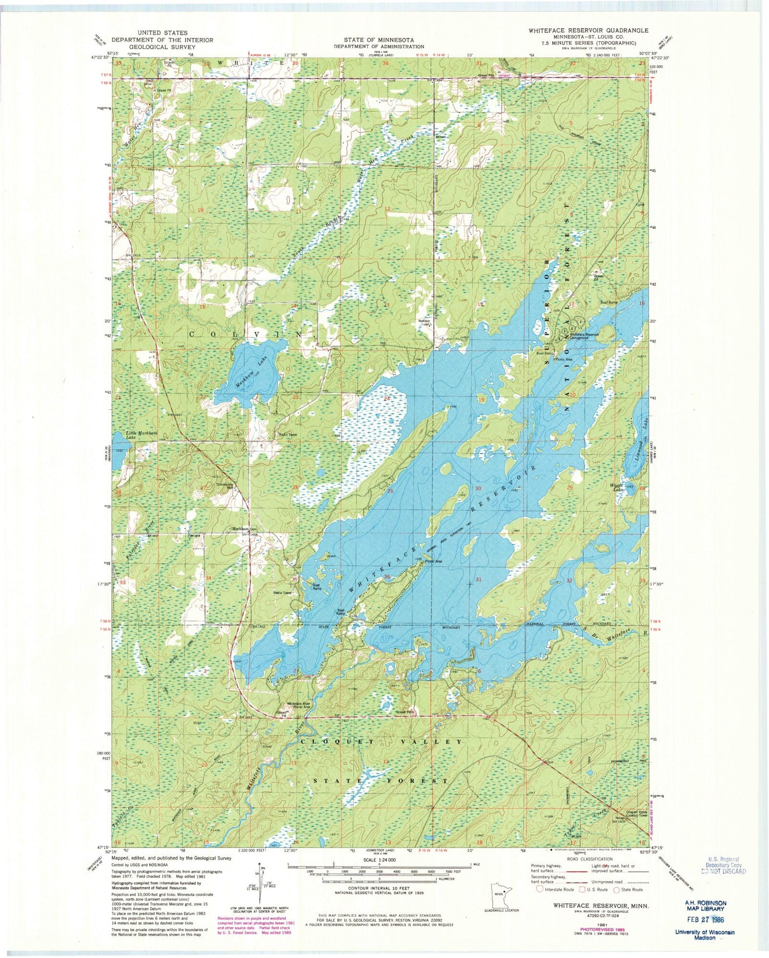 Classic USGS Whiteface Reservoir Minnesota 7.5'x7.5' Topo Map Image