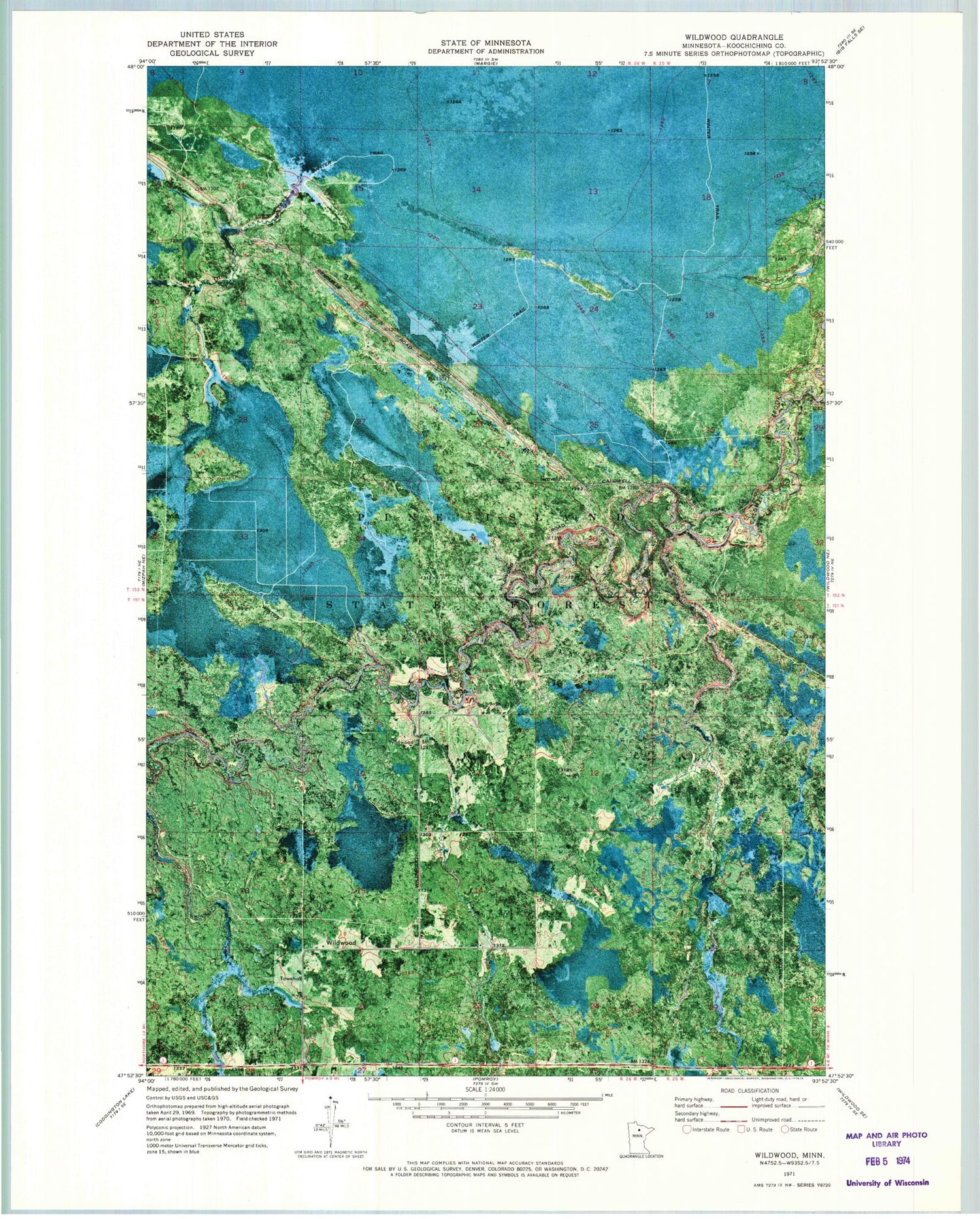 Classic USGS Wildwood Minnesota 7.5'x7.5' Topo Map Image