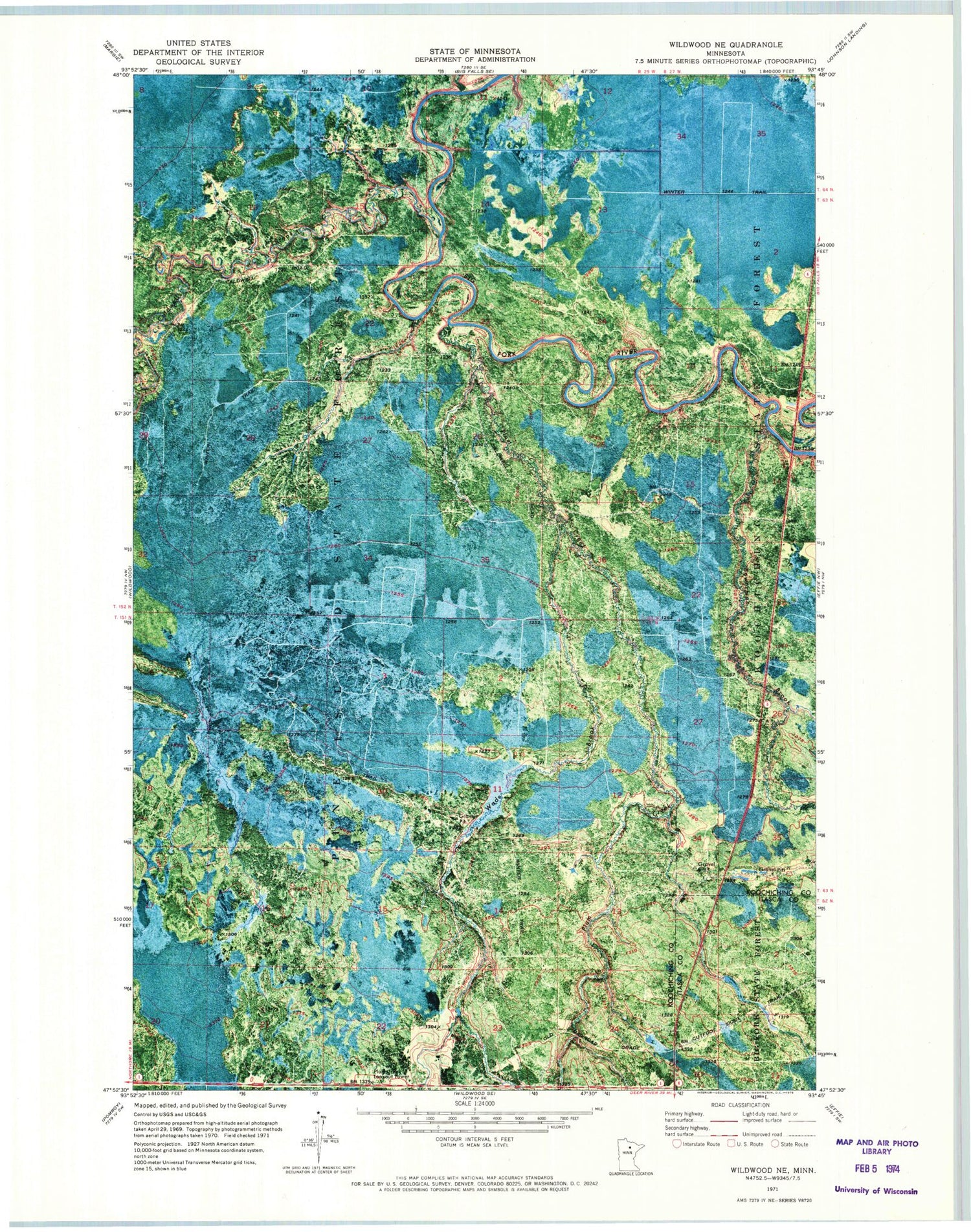 Classic USGS Wildwood NE Minnesota 7.5'x7.5' Topo Map Image