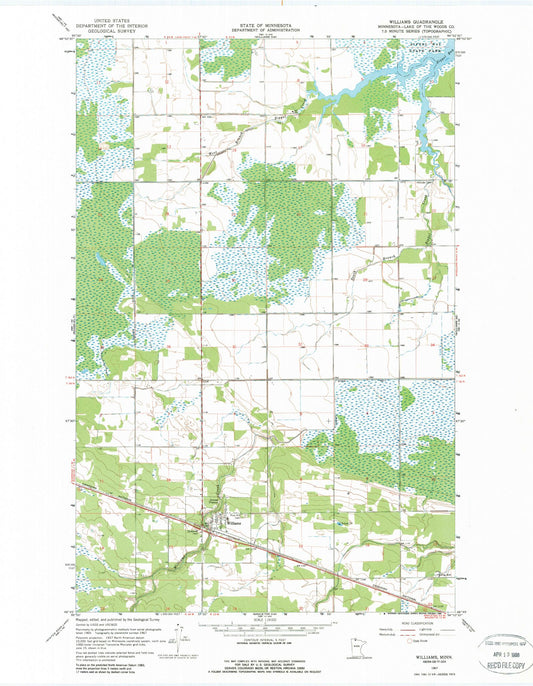 Classic USGS Williams Minnesota 7.5'x7.5' Topo Map Image