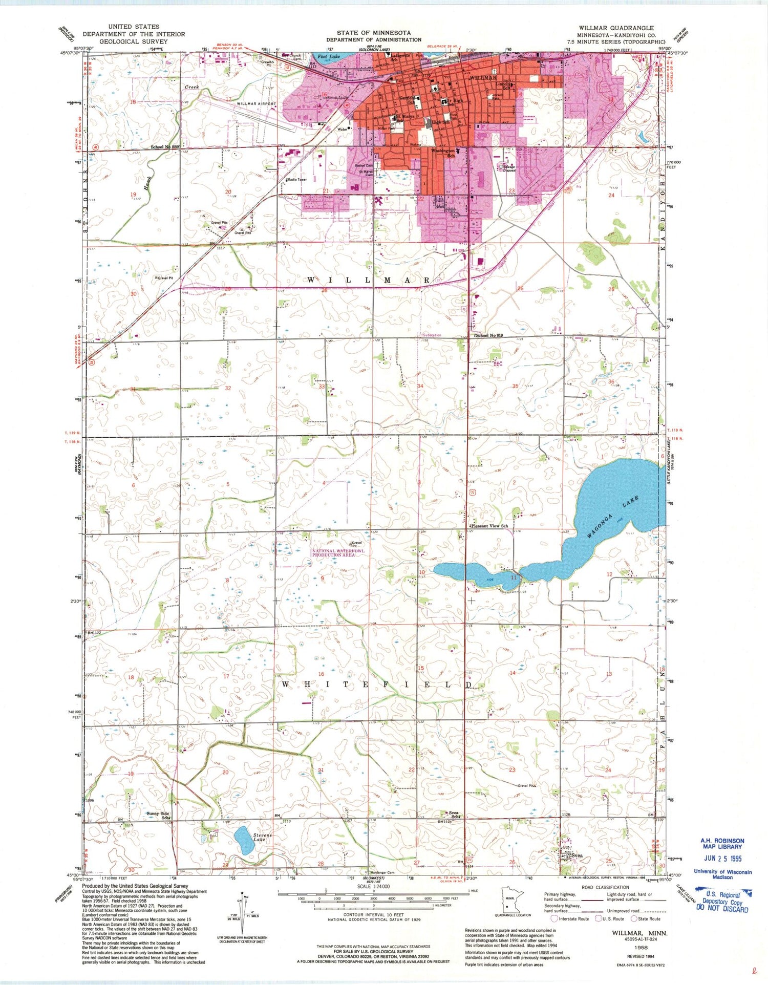 Classic USGS Willmar Minnesota 7.5'x7.5' Topo Map Image