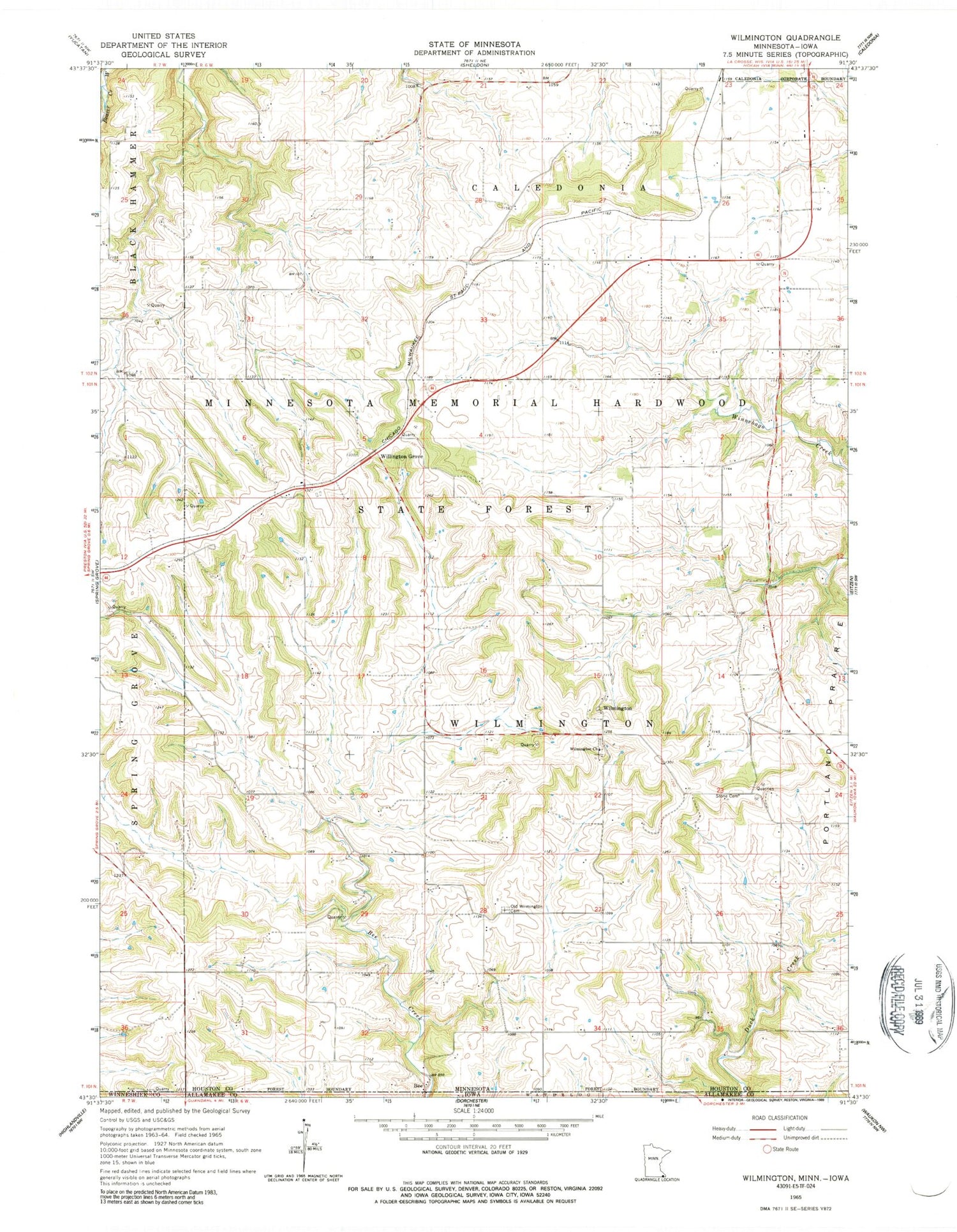 Classic USGS Wilmington Minnesota 7.5'x7.5' Topo Map Image