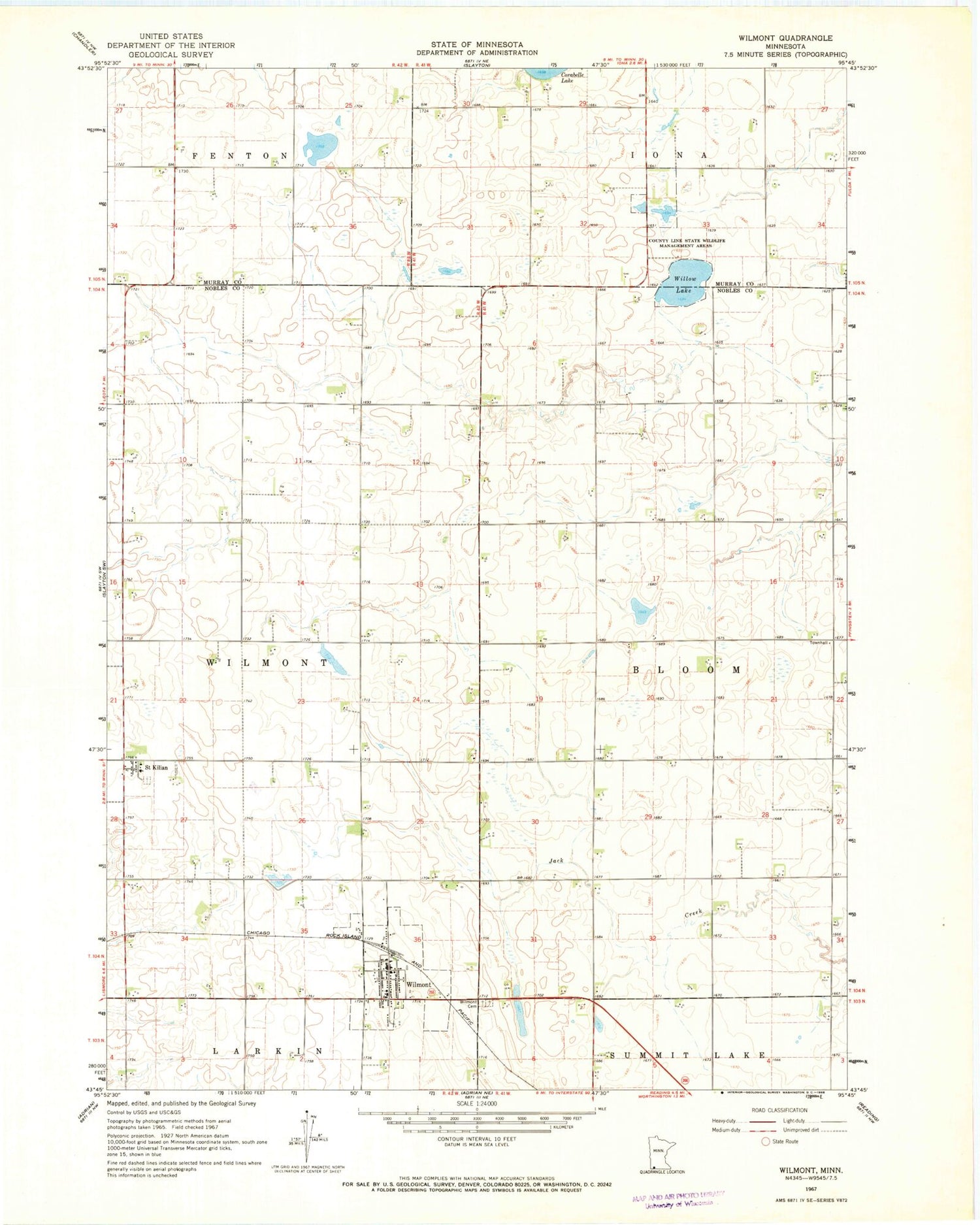 Classic USGS Wilmont Minnesota 7.5'x7.5' Topo Map Image