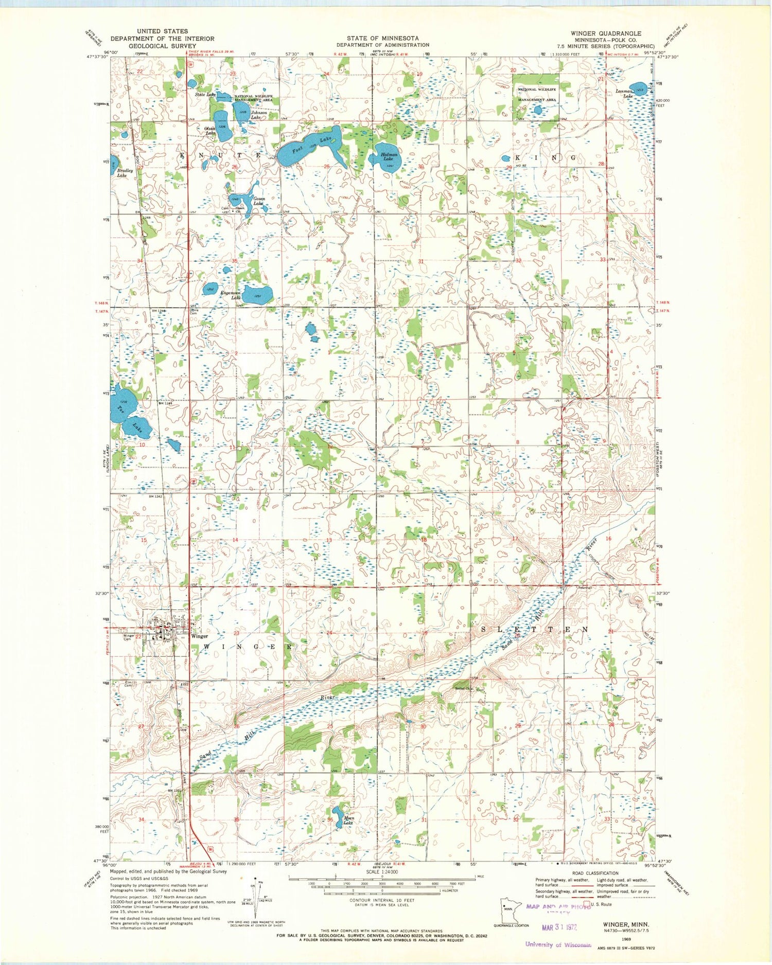 Classic USGS Winger Minnesota 7.5'x7.5' Topo Map Image