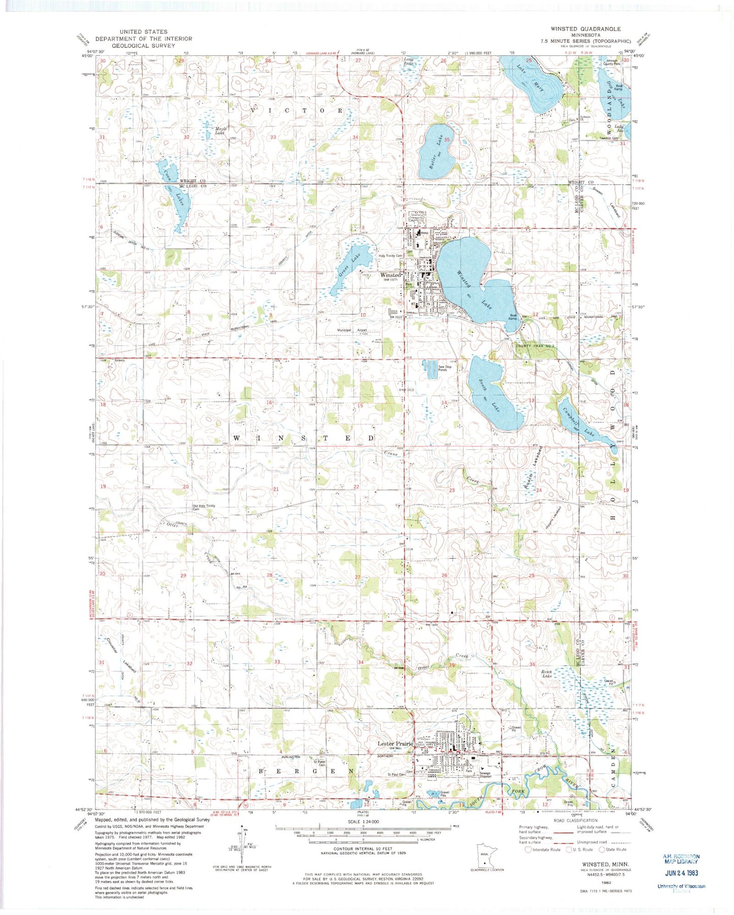 Classic USGS Winsted Minnesota 7.5'x7.5' Topo Map Image