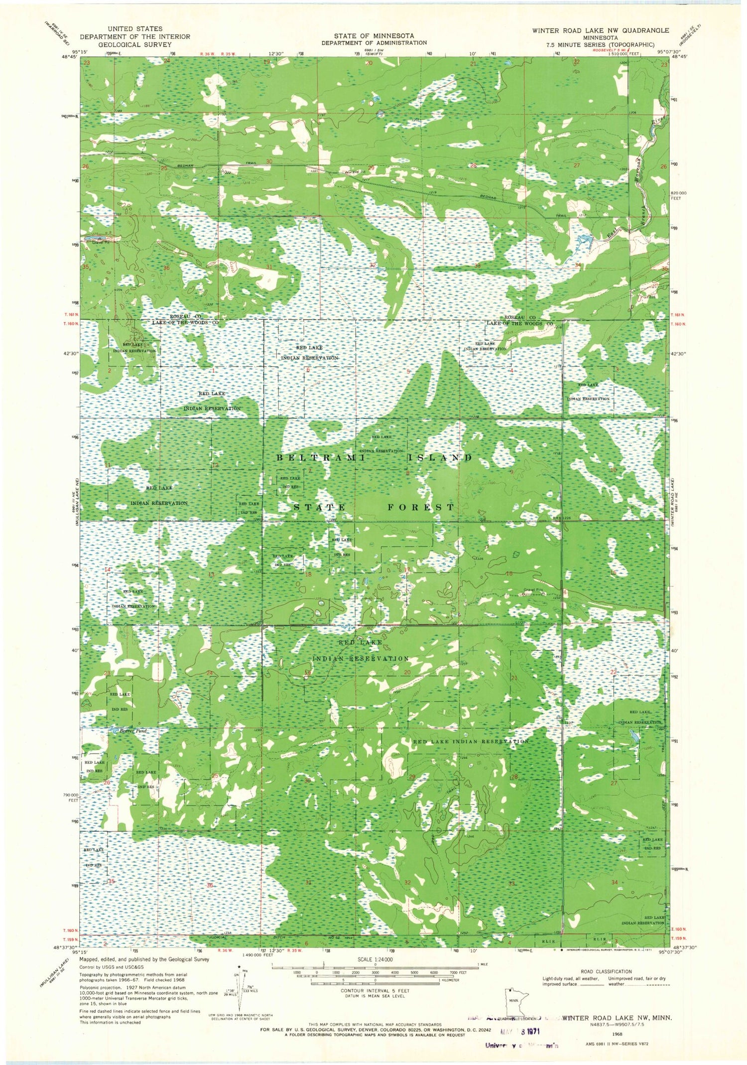Classic USGS Winter Road Lake NW Minnesota 7.5'x7.5' Topo Map Image