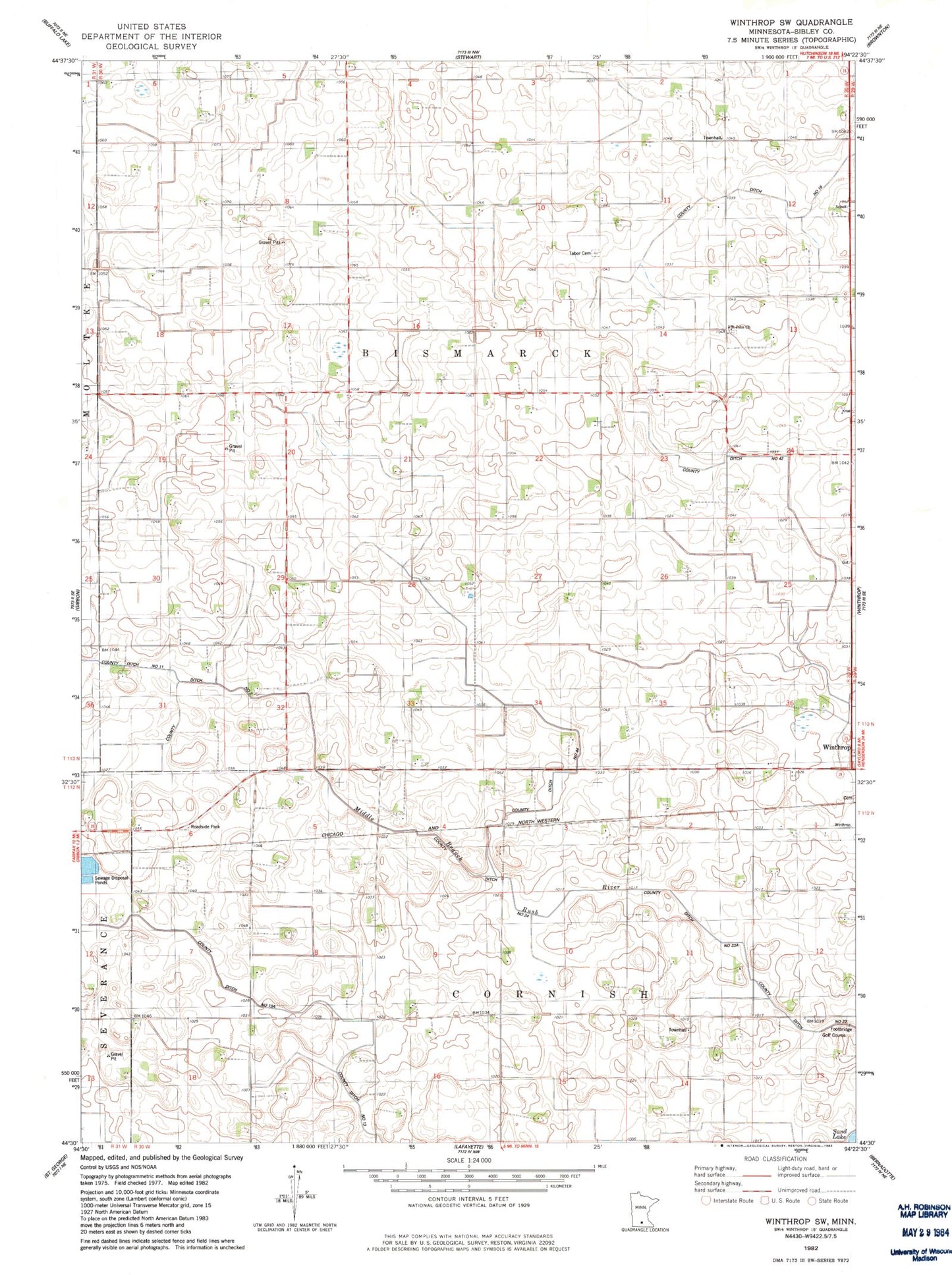 Classic USGS Winthrop SW Minnesota 7.5'x7.5' Topo Map Image