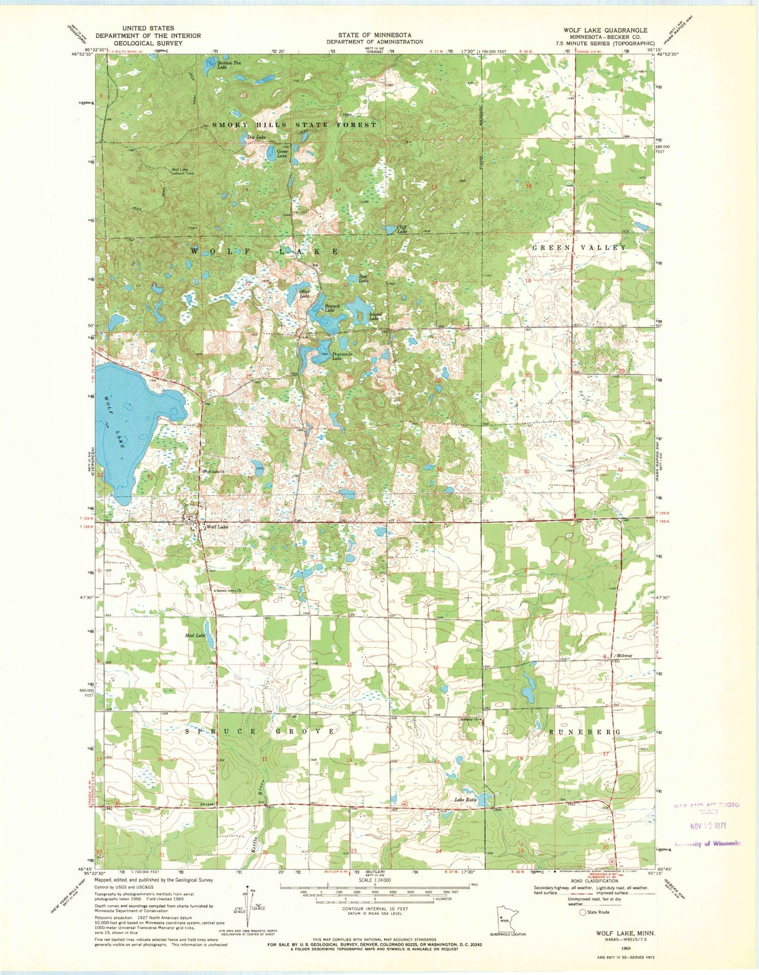 Classic USGS Wolf Lake Minnesota 7.5'x7.5' Topo Map Image