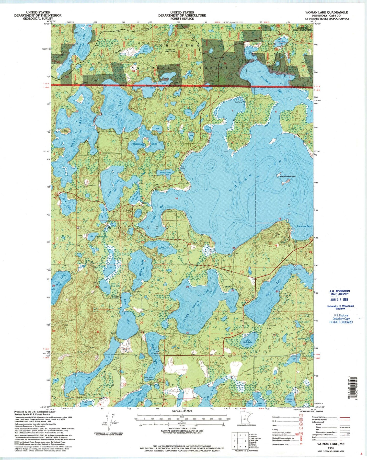 Classic USGS Woman Lake Minnesota 7.5'x7.5' Topo Map Image