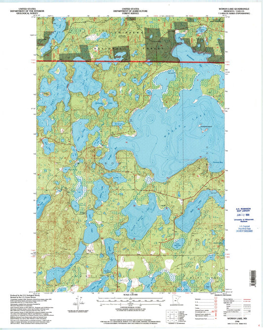 Classic USGS Woman Lake Minnesota 7.5'x7.5' Topo Map Image