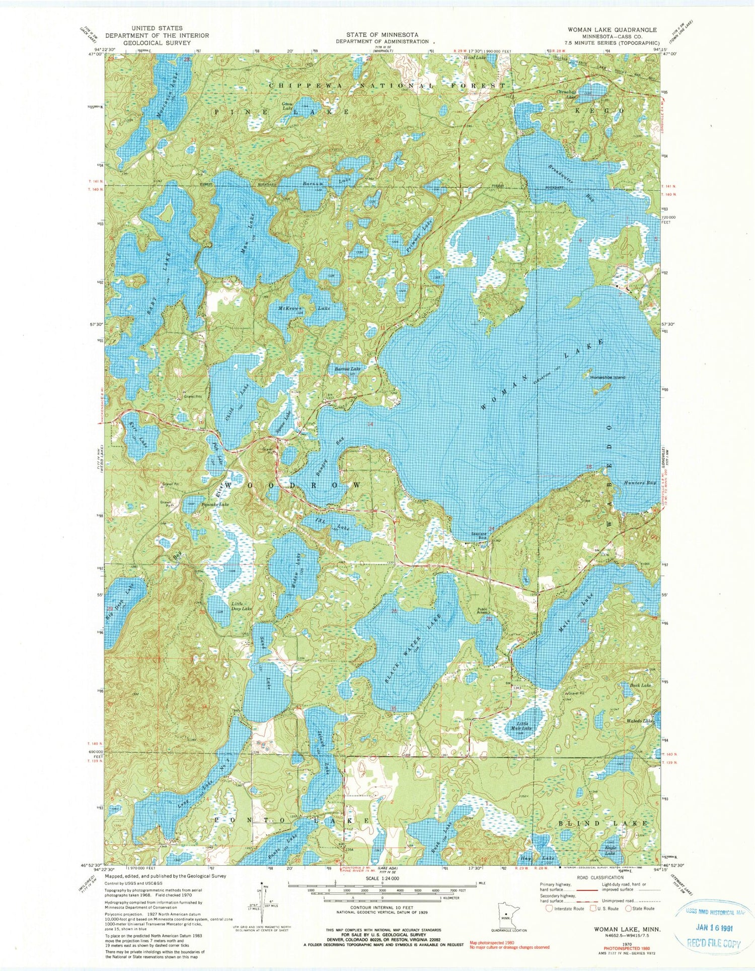 Classic USGS Woman Lake Minnesota 7.5'x7.5' Topo Map Image