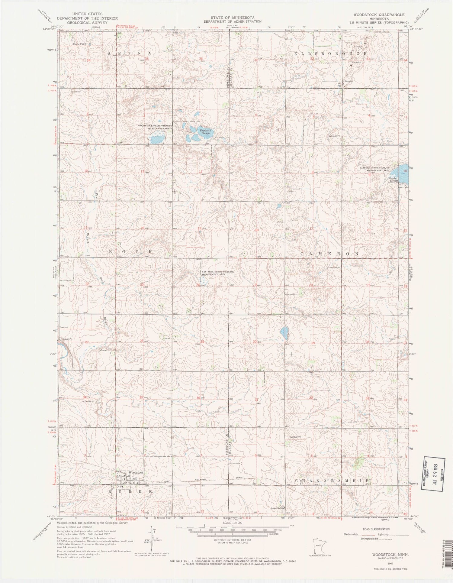 Classic USGS Woodstock Minnesota 7.5'x7.5' Topo Map Image