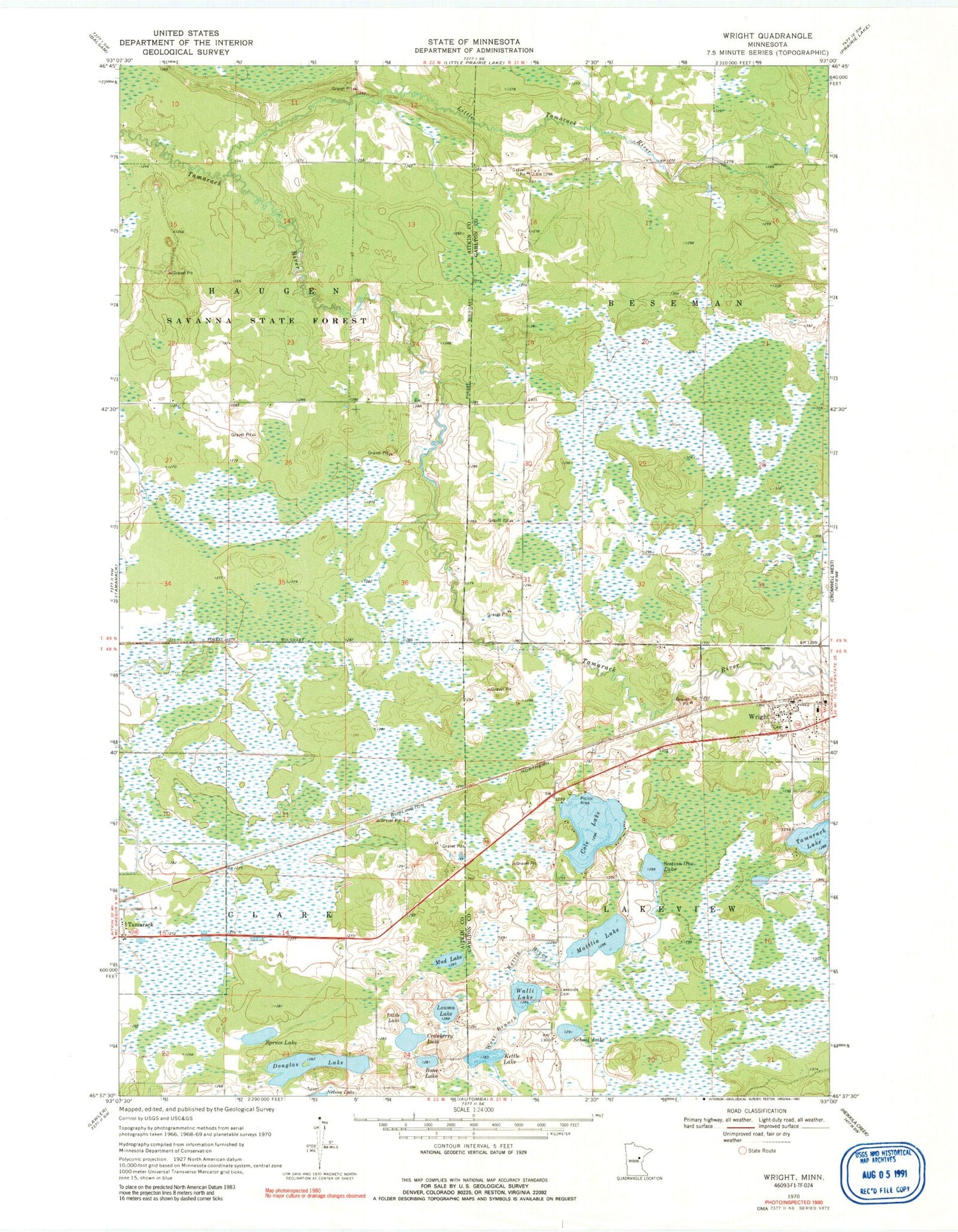 Classic USGS Wright Minnesota 7.5'x7.5' Topo Map Image
