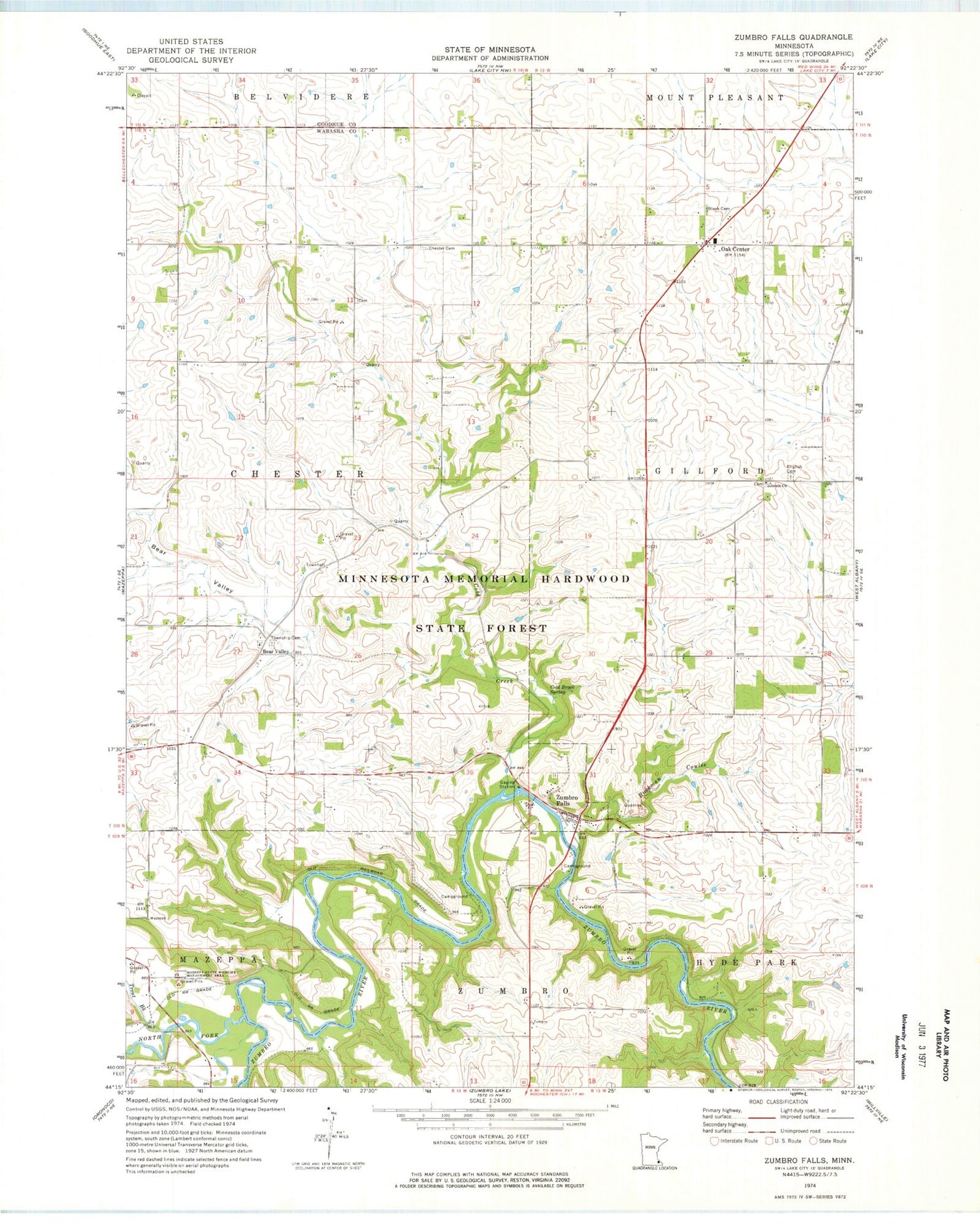 Classic USGS Zumbro Falls Minnesota 7.5'x7.5' Topo Map Image