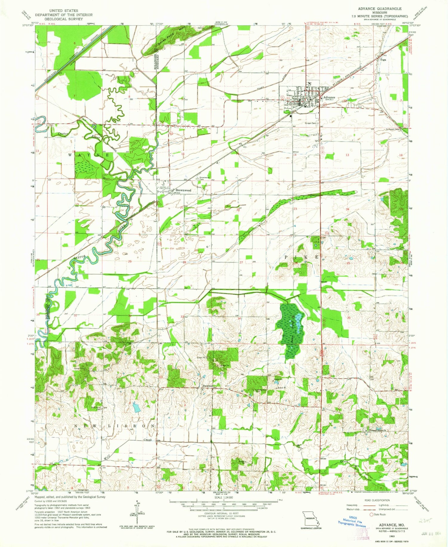 Classic USGS Advance Missouri 7.5'x7.5' Topo Map Image