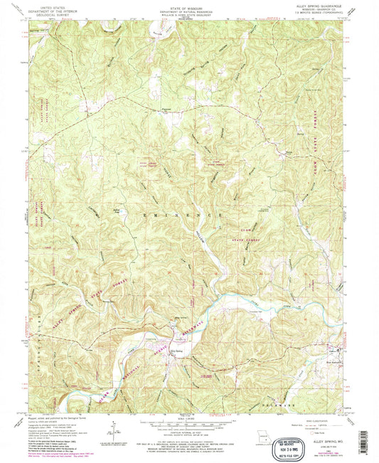 Classic USGS Alley Spring Missouri 7.5'x7.5' Topo Map Image