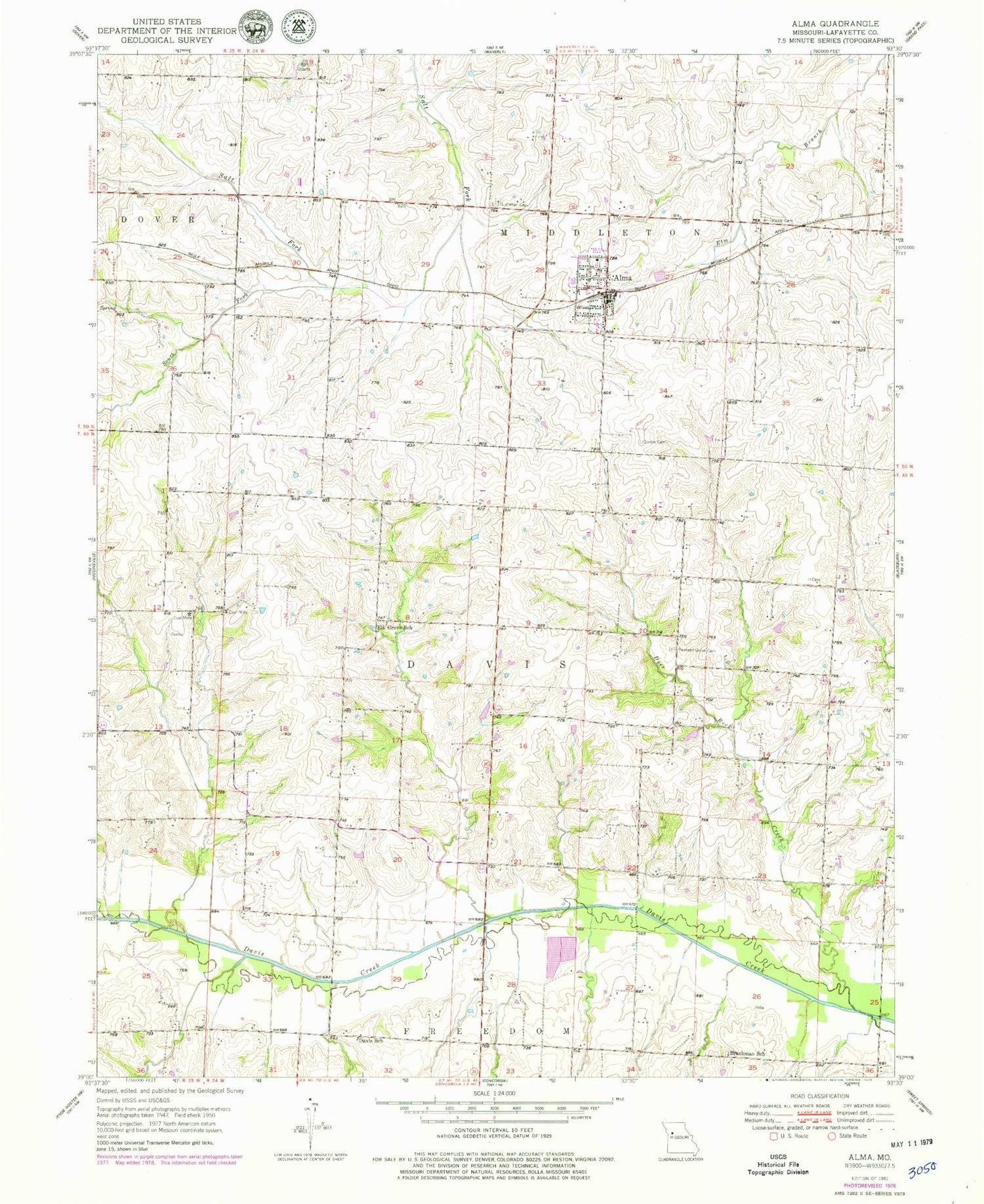 Classic USGS Alma Missouri 7.5'x7.5' Topo Map Image
