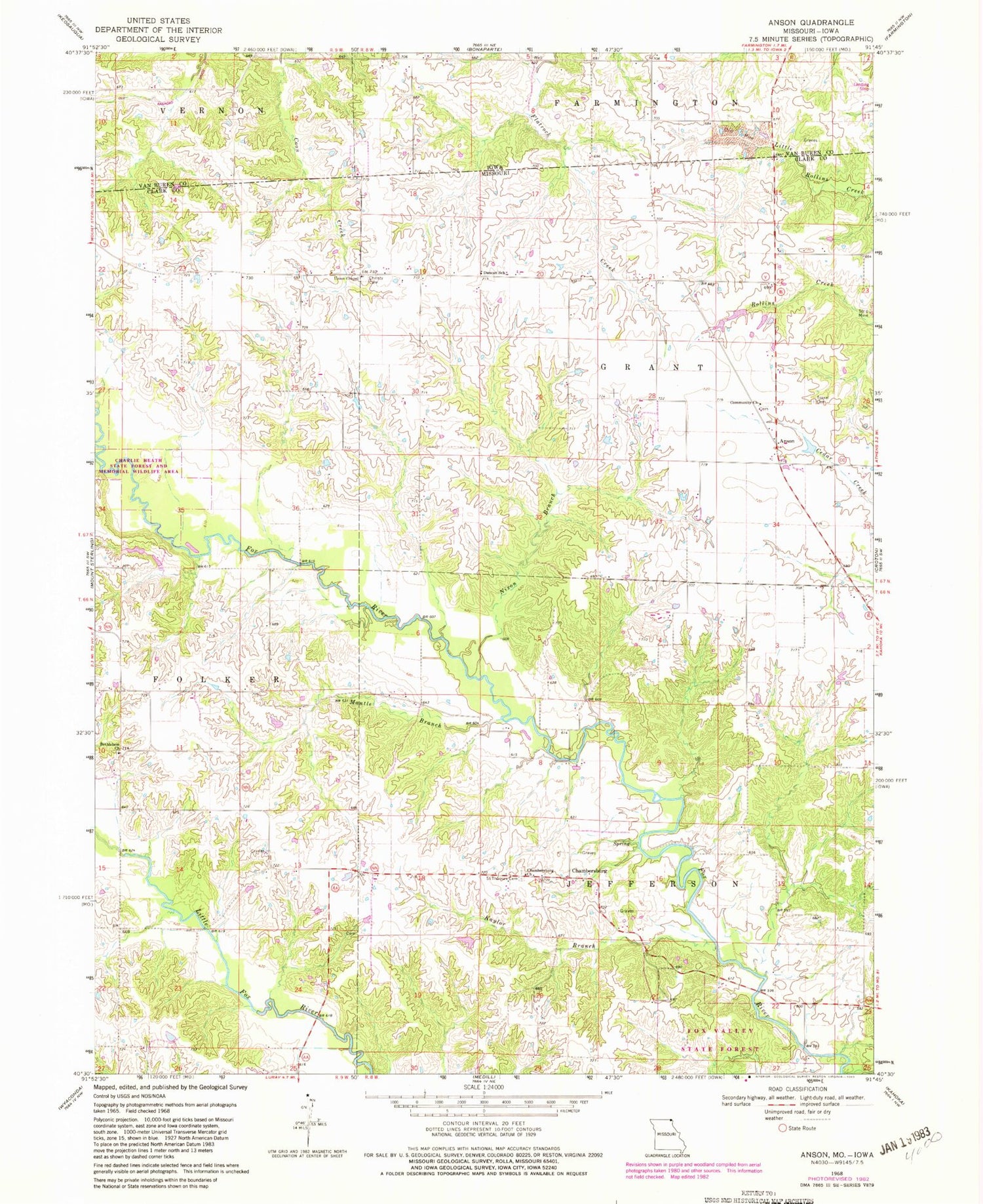 Classic USGS Anson Missouri 7.5'x7.5' Topo Map Image