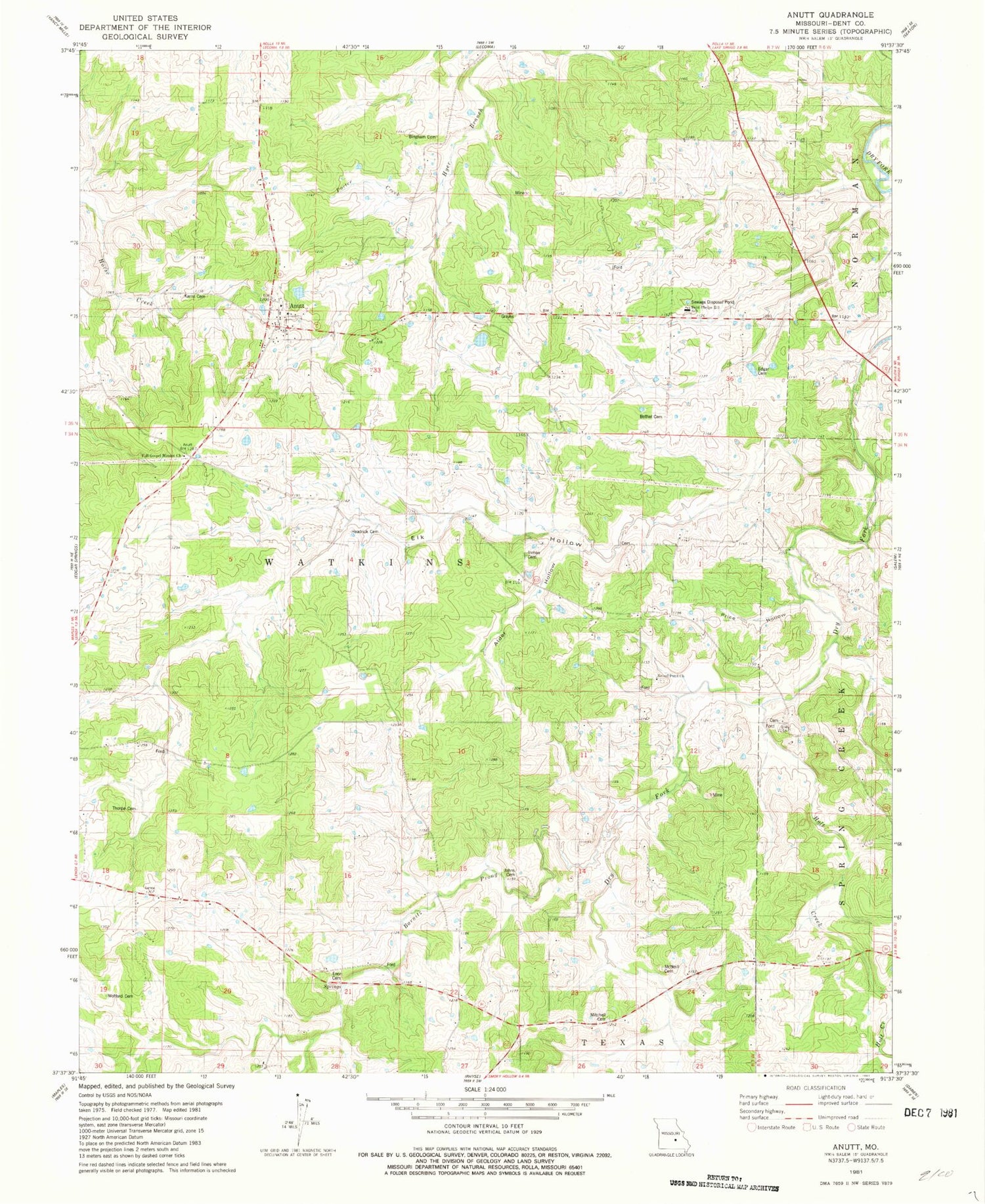 Classic USGS Anutt Missouri 7.5'x7.5' Topo Map Image