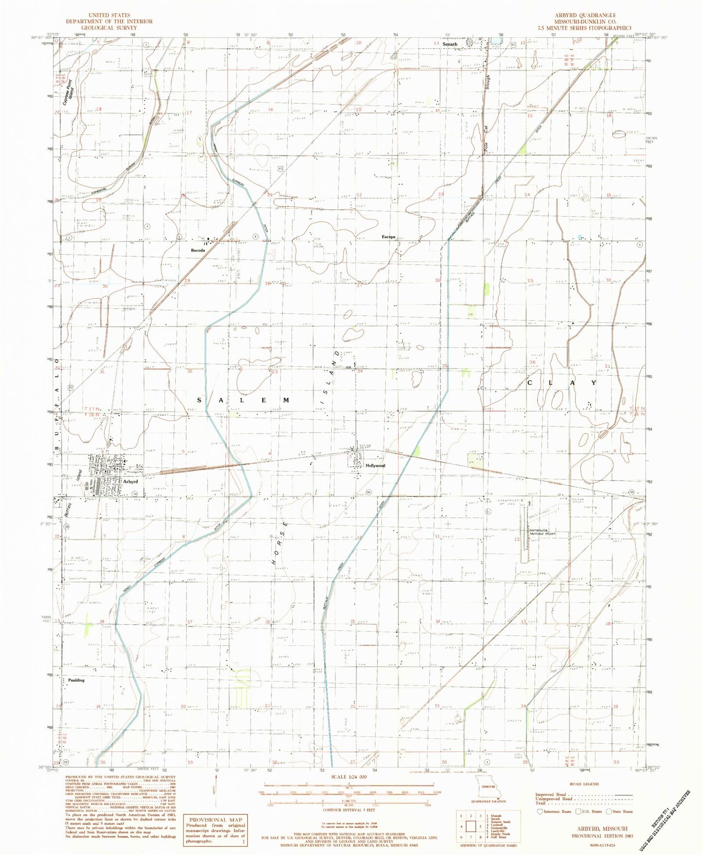 Classic USGS Arbyrd Missouri 7.5'x7.5' Topo Map Image