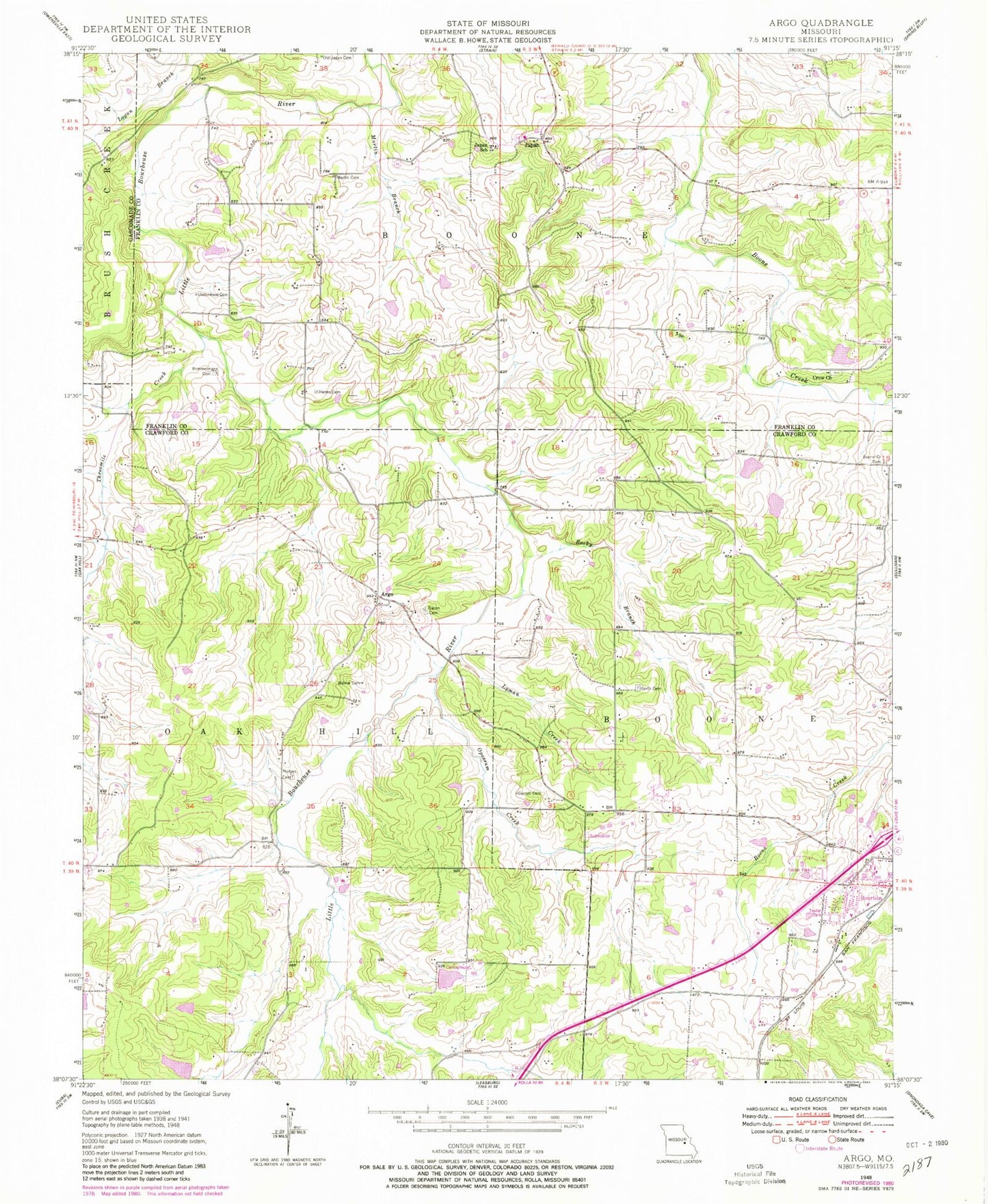 Classic USGS Argo Missouri 7.5'x7.5' Topo Map Image
