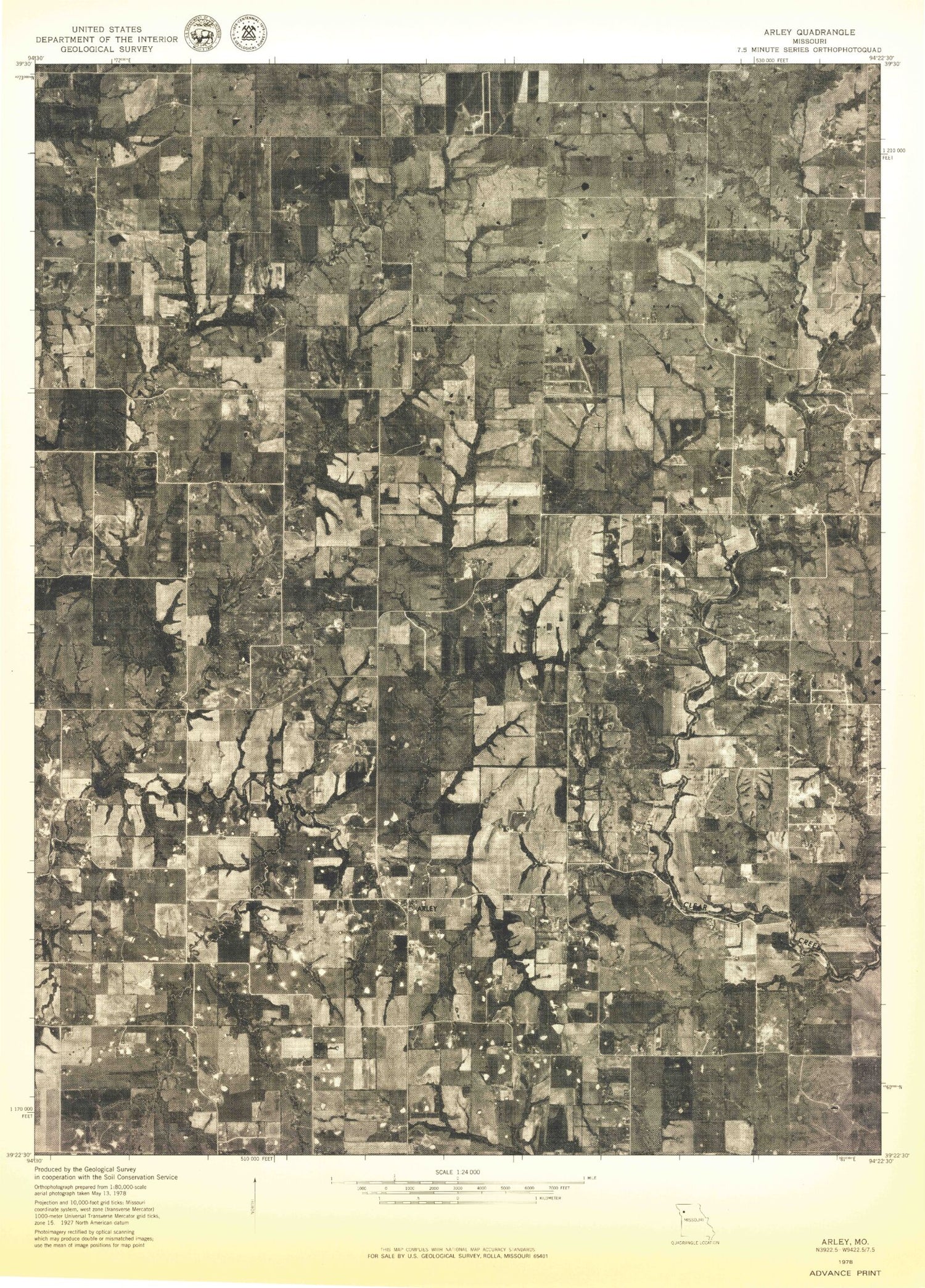 Classic USGS Arley Missouri 7.5'x7.5' Topo Map Image