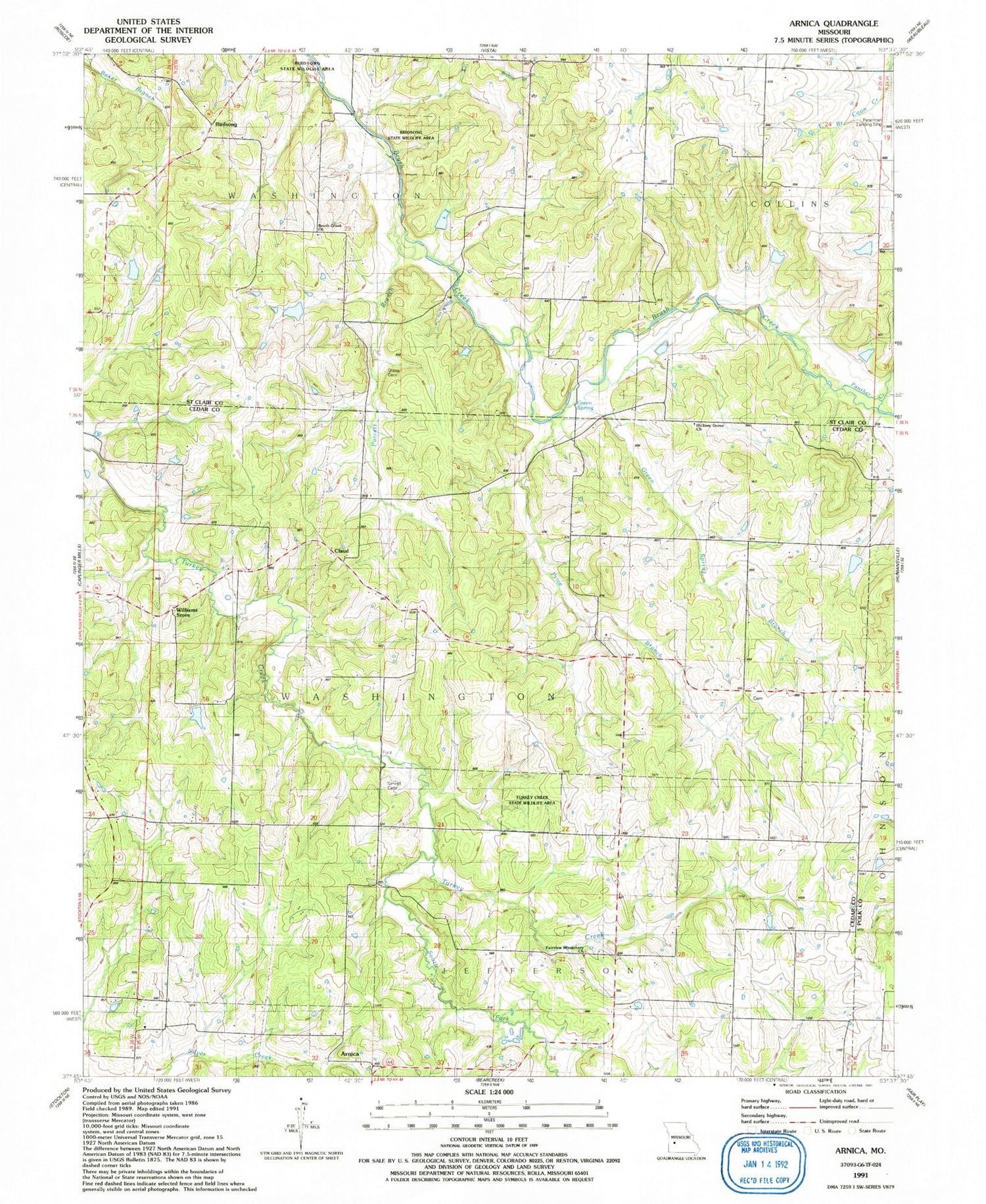 Classic USGS Arnica Missouri 7.5'x7.5' Topo Map Image