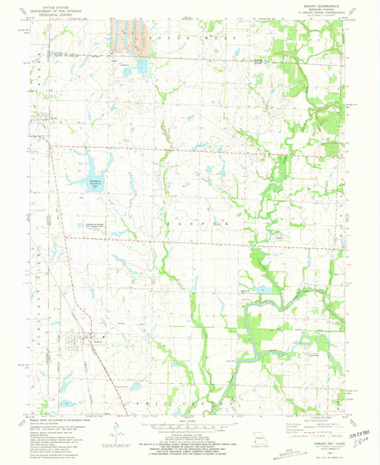 Classic USGS Asbury Missouri 7.5'x7.5' Topo Map Image