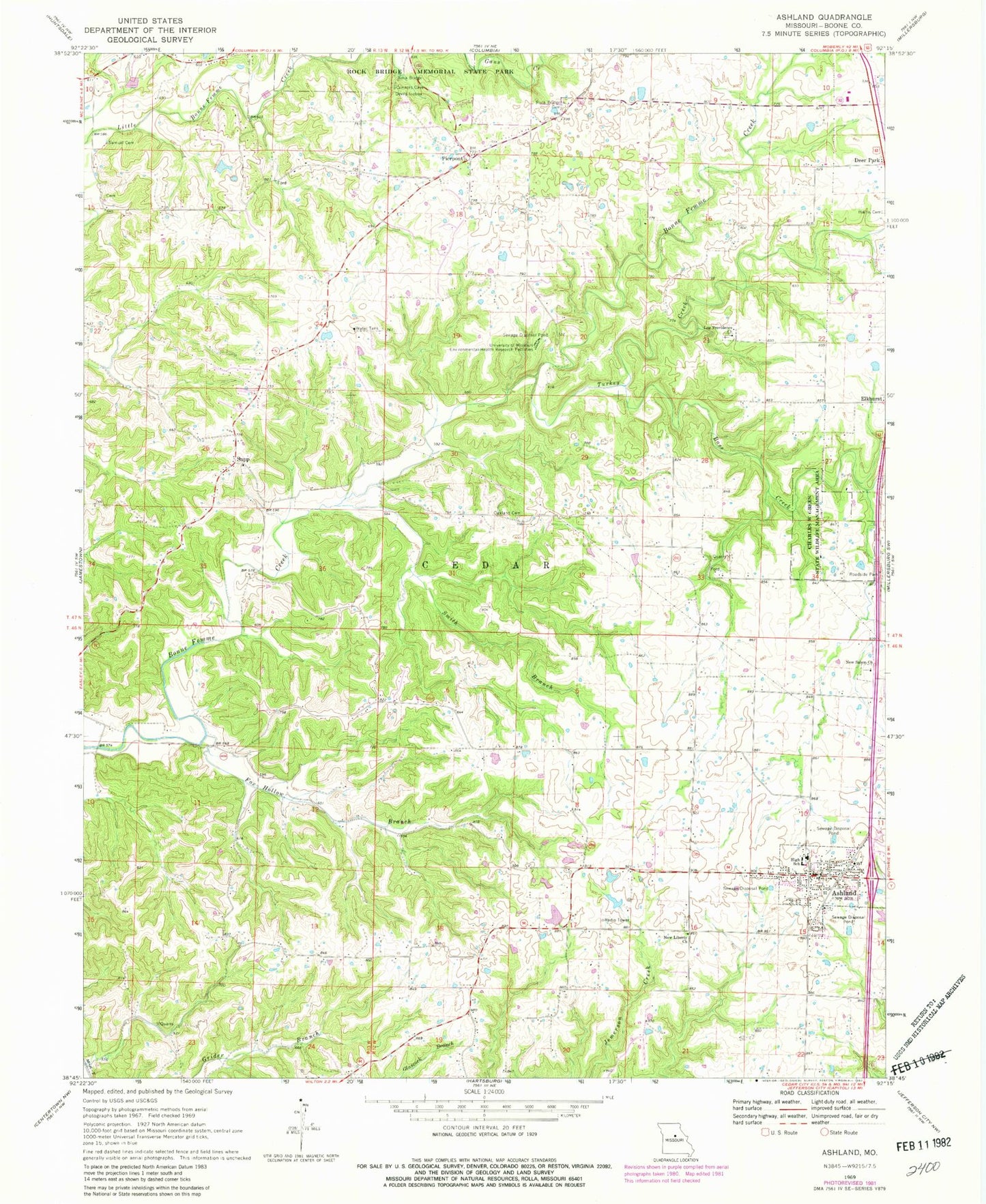 Classic USGS Ashland Missouri 7.5'x7.5' Topo Map Image