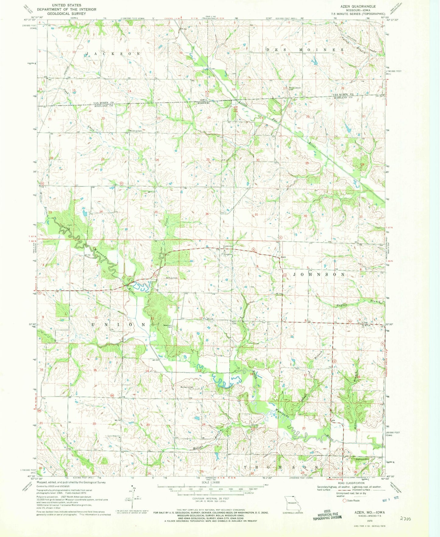 Classic USGS Azen Missouri 7.5'x7.5' Topo Map Image