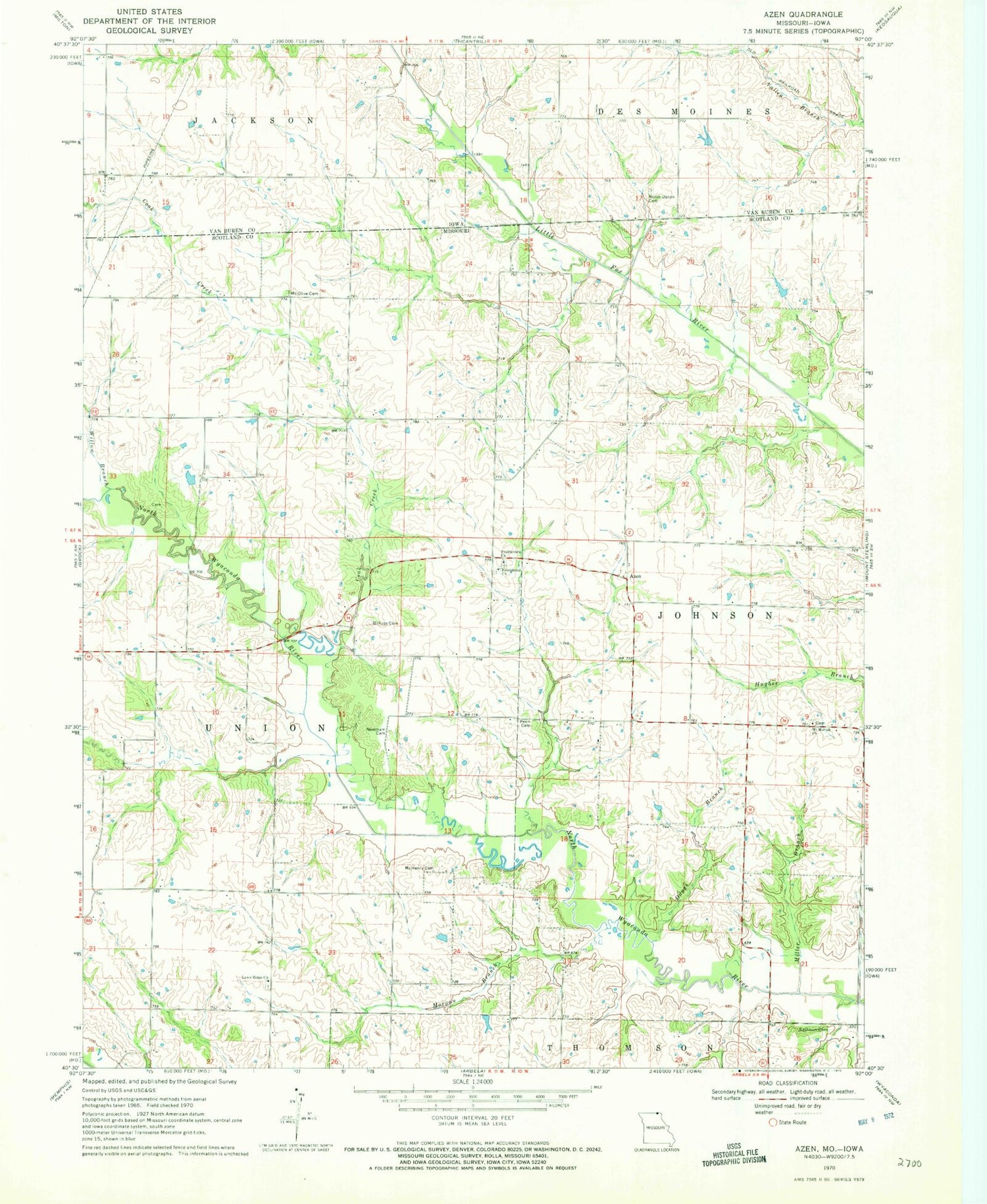 Classic USGS Azen Missouri 7.5'x7.5' Topo Map Image