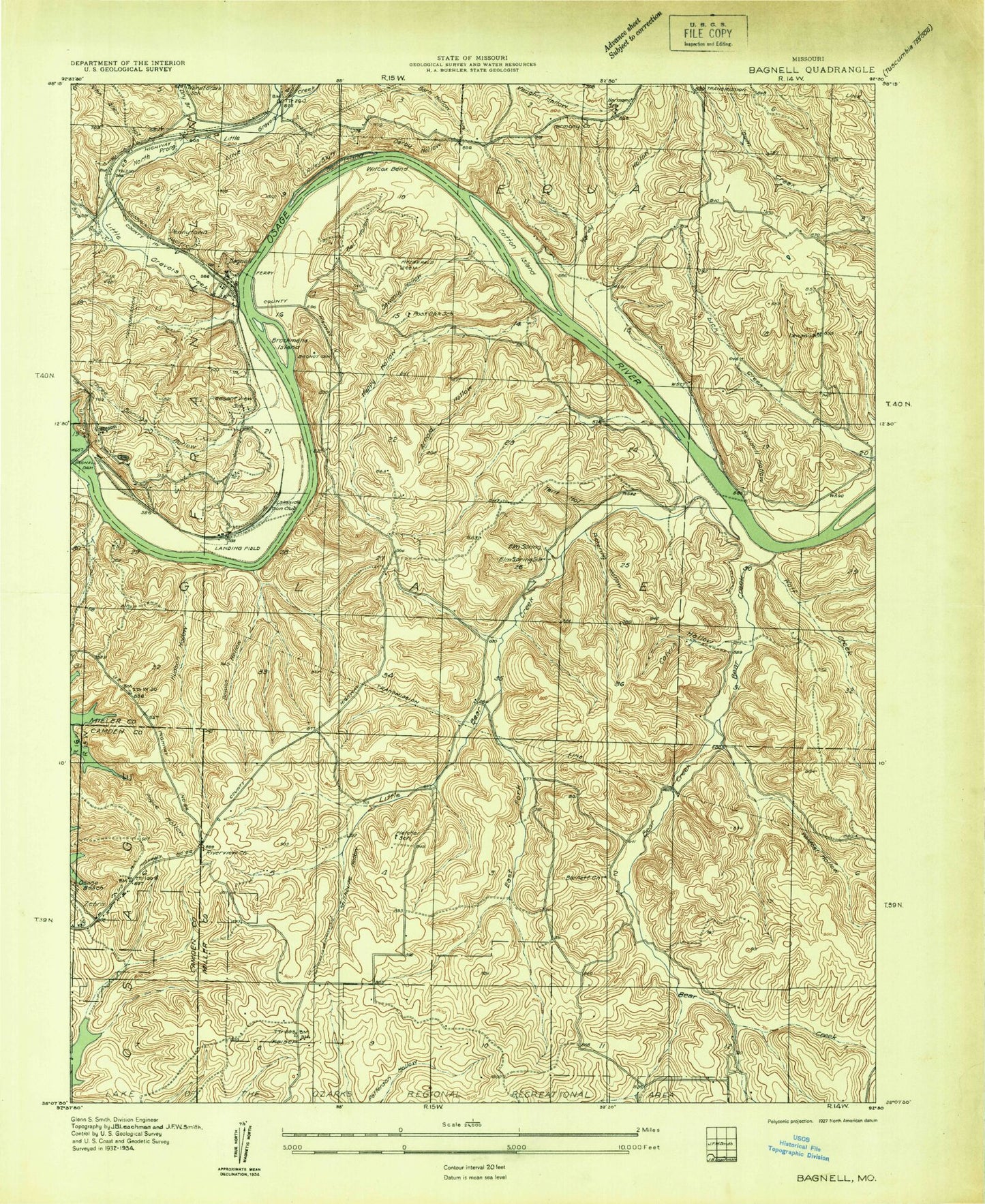 Classic USGS Bagnell Missouri 7.5'x7.5' Topo Map Image