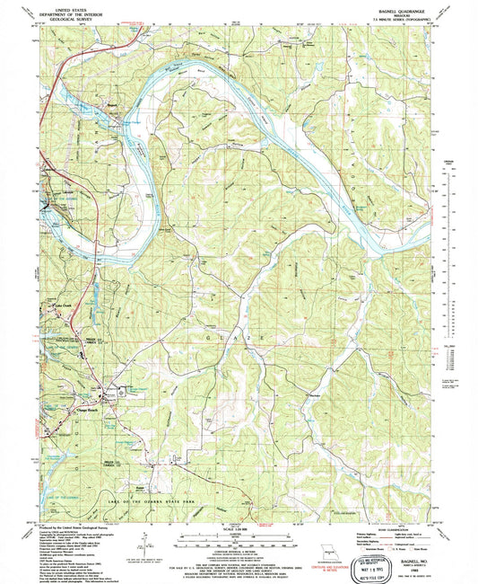Classic USGS Bagnell Missouri 7.5'x7.5' Topo Map Image
