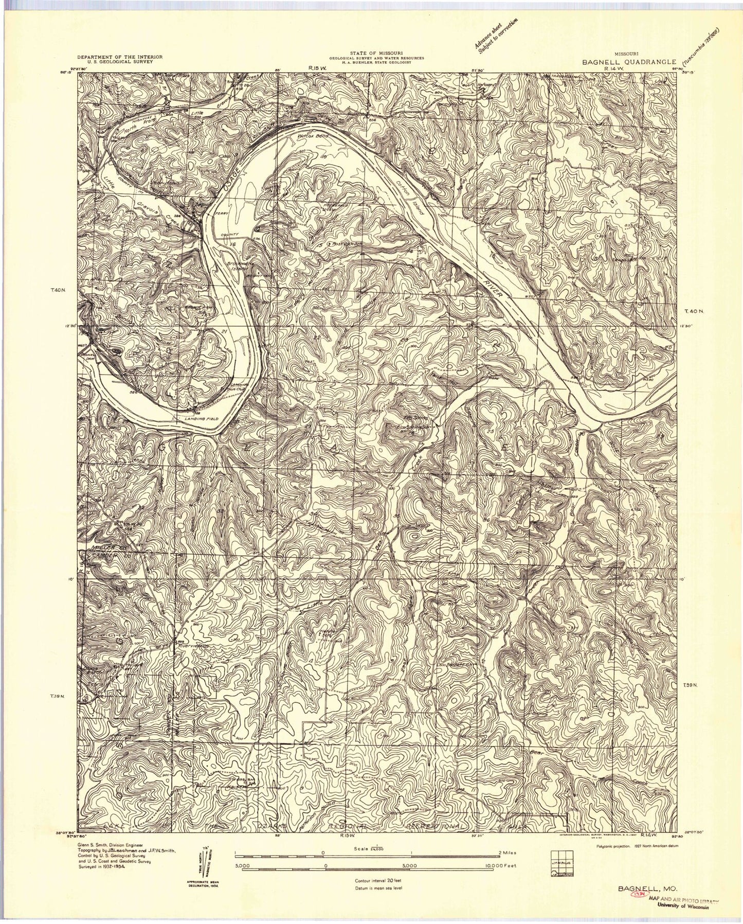 Classic USGS Bagnell Missouri 7.5'x7.5' Topo Map Image