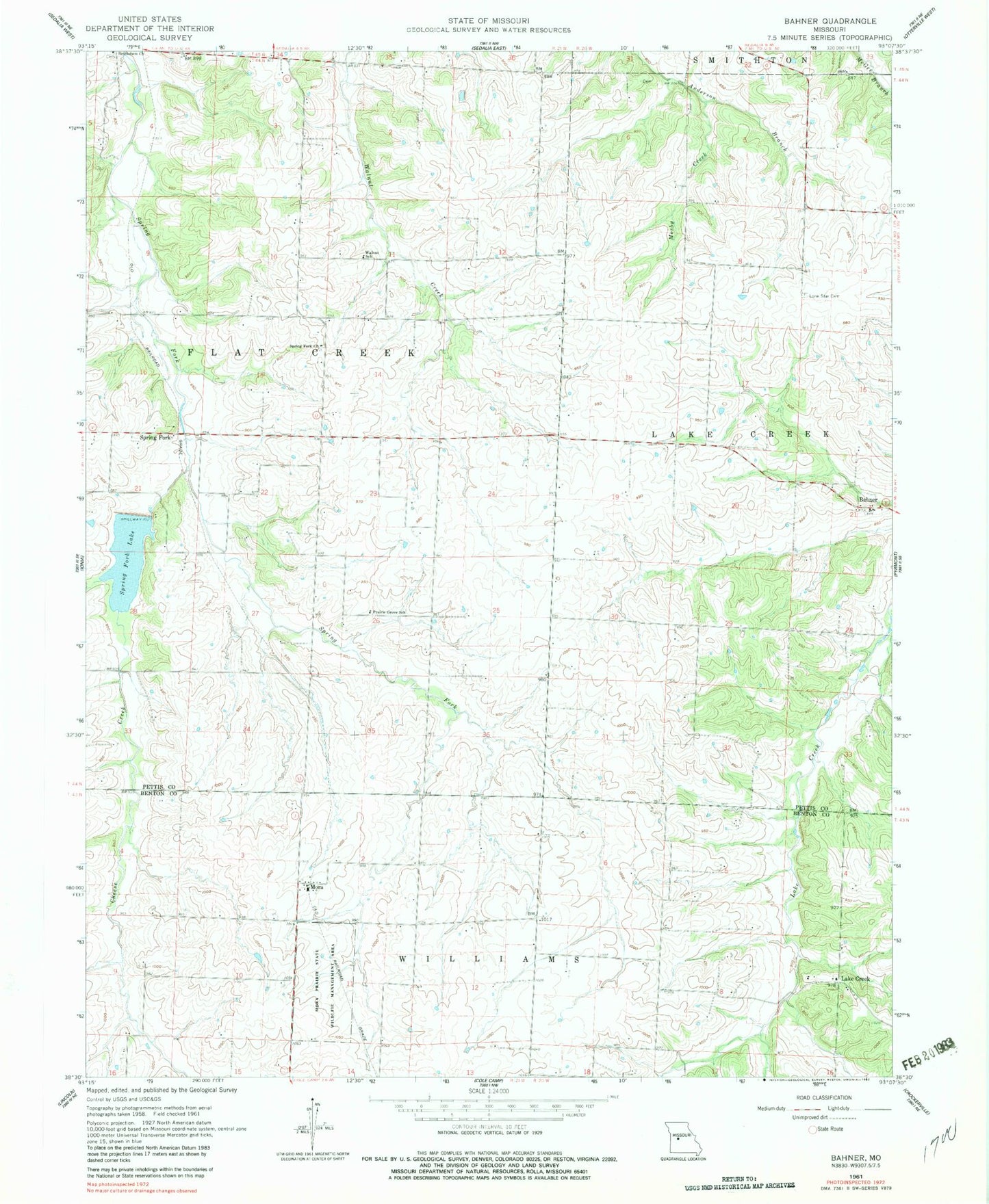 Classic USGS Bahner Missouri 7.5'x7.5' Topo Map Image